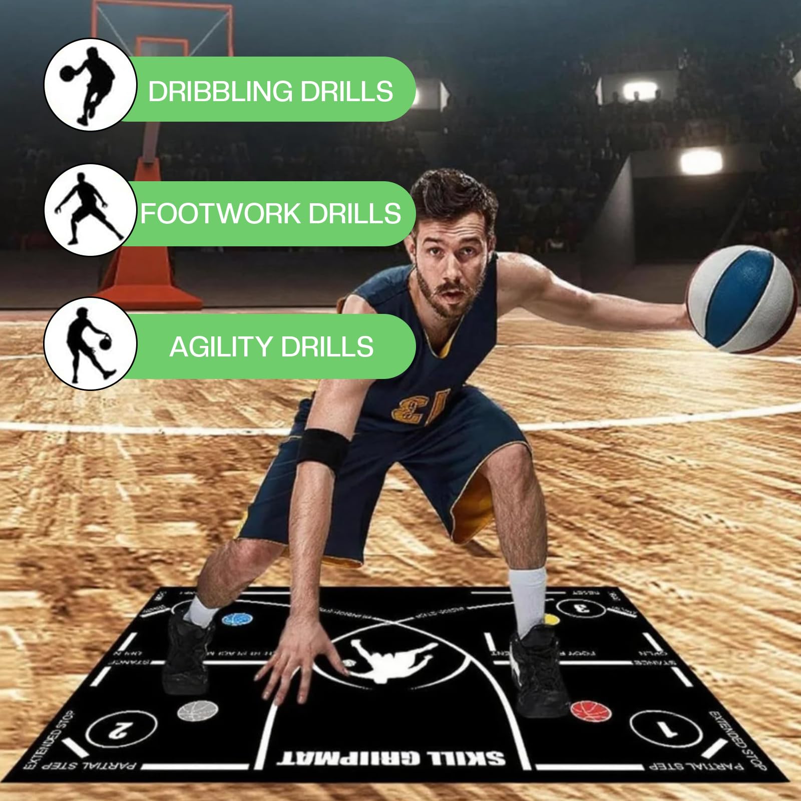 Tappetino da basket, 120 x 86 cm, antiscivolo, con istruzioni (lingua italiana non garantita), leggero e arrotolabile, per agilità, coordinazione, allenamento dell'equilibrio per interni ed