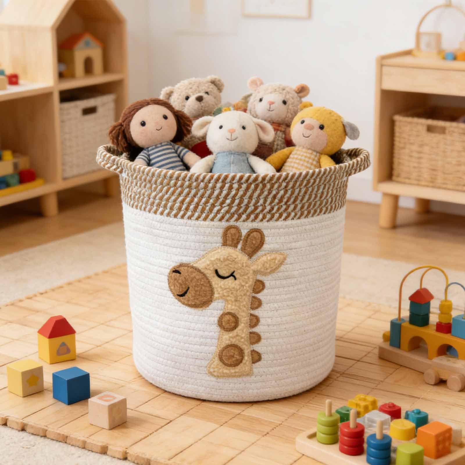 Panier de Rangement Corde en Coton Motif Girafe, Panier Pliable Mignon pour Jouets et Linge, Solution Rangement Maison et Dortoir, 30 x 30 cm, Design Cartoon