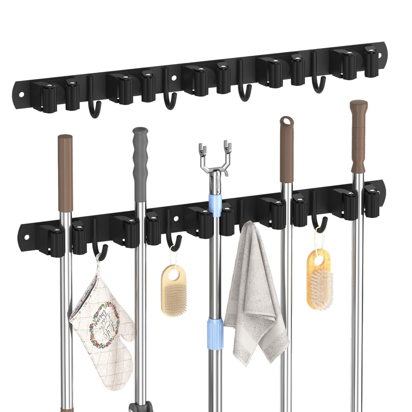 Besenhalterung Wand Selbstklebend - Robuster Metall Besenhalter mit 5 Haken, Aufbewahrungssystem für Kehrzeug/Besen/Mop (Max 13kg, CE) (2)