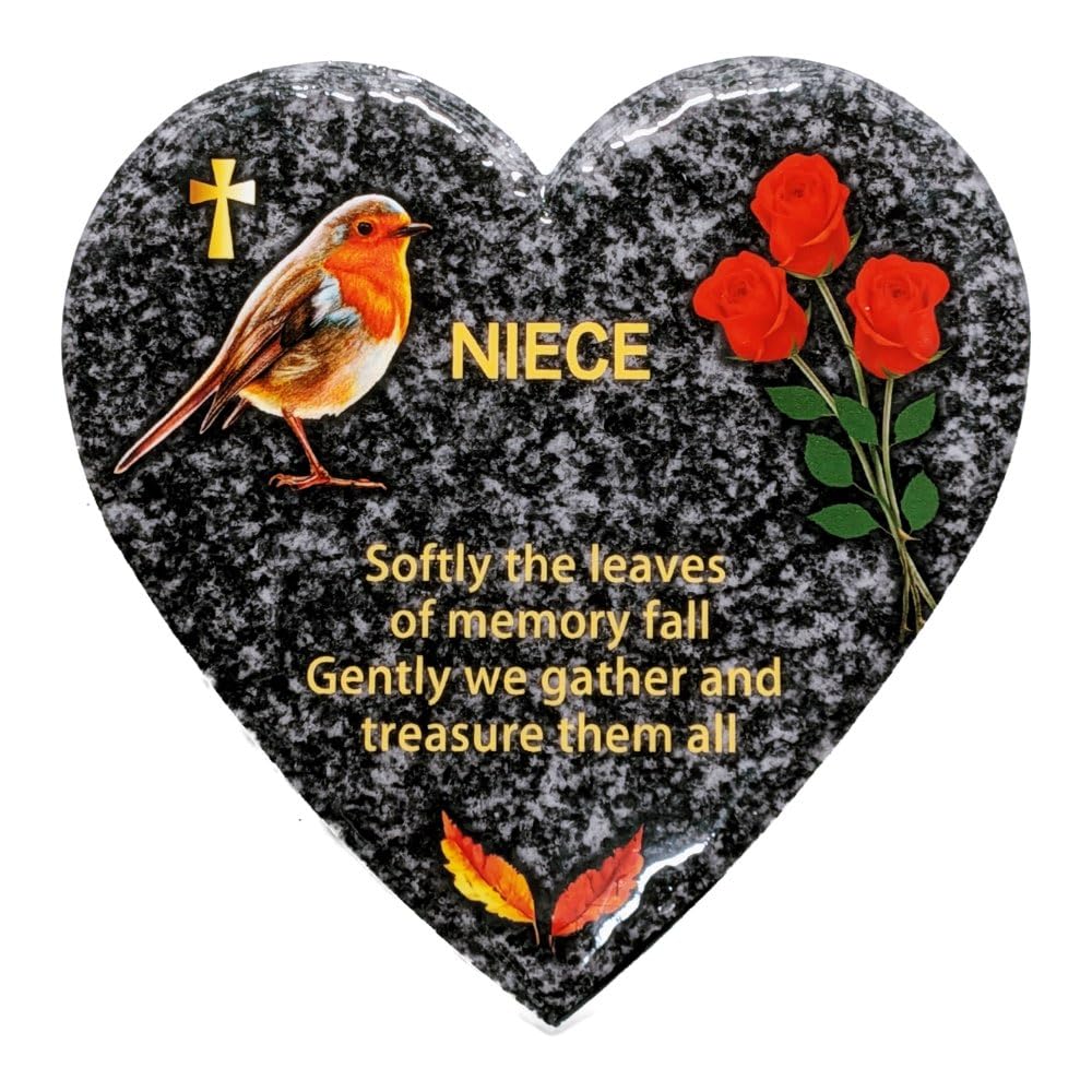 In Memoriam Heart Shaped Tile Grave Plaque (20 x 20 cm Granite finish) (Niece, Heart 20 cm (Granite))