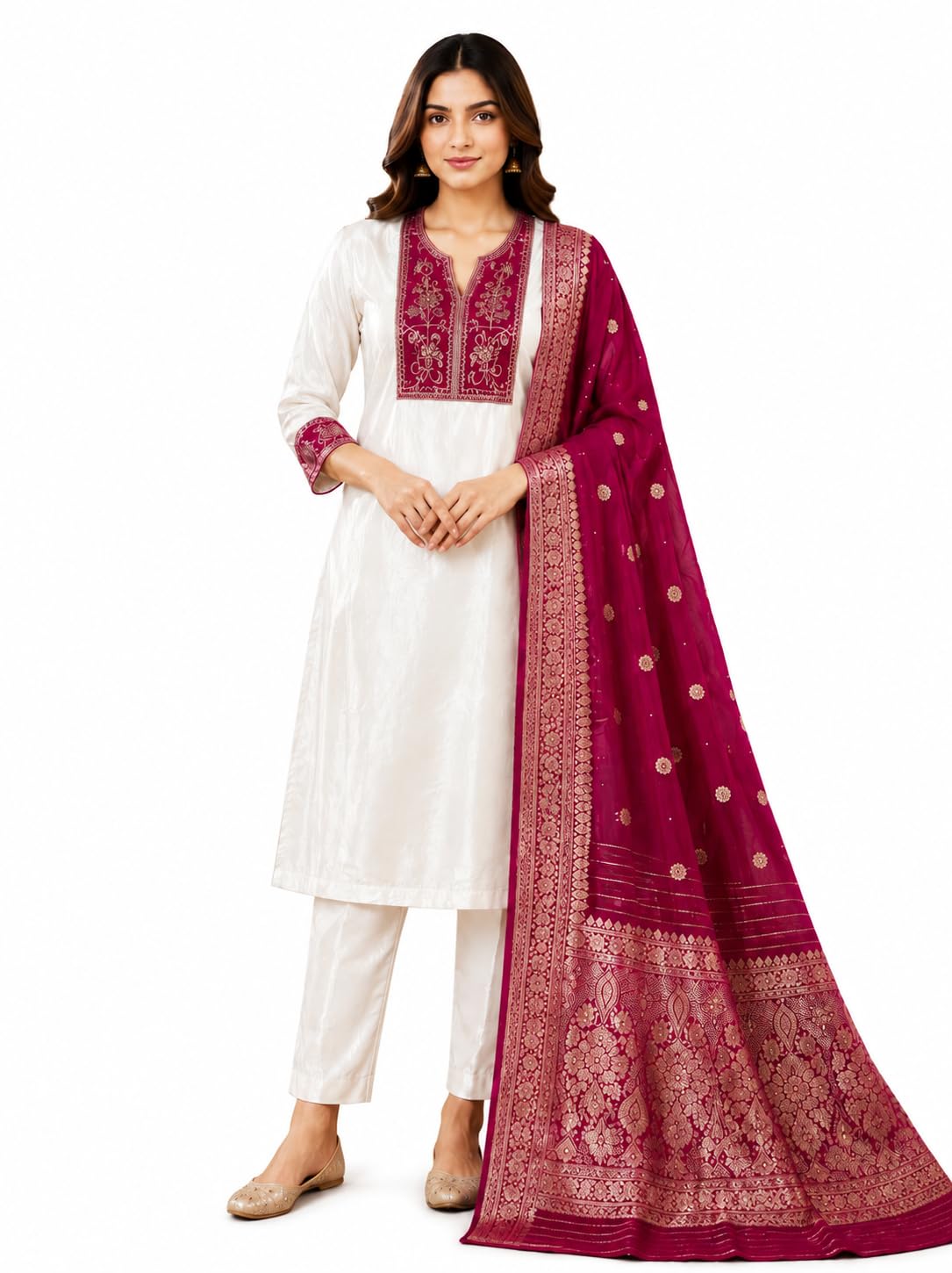 Women's Satin Silk Kurta Pant with Banarasi Jacquard Dupatta Set | 3 Piece Embroidered Straight Ethnic Suit Set | for Women-picture-22