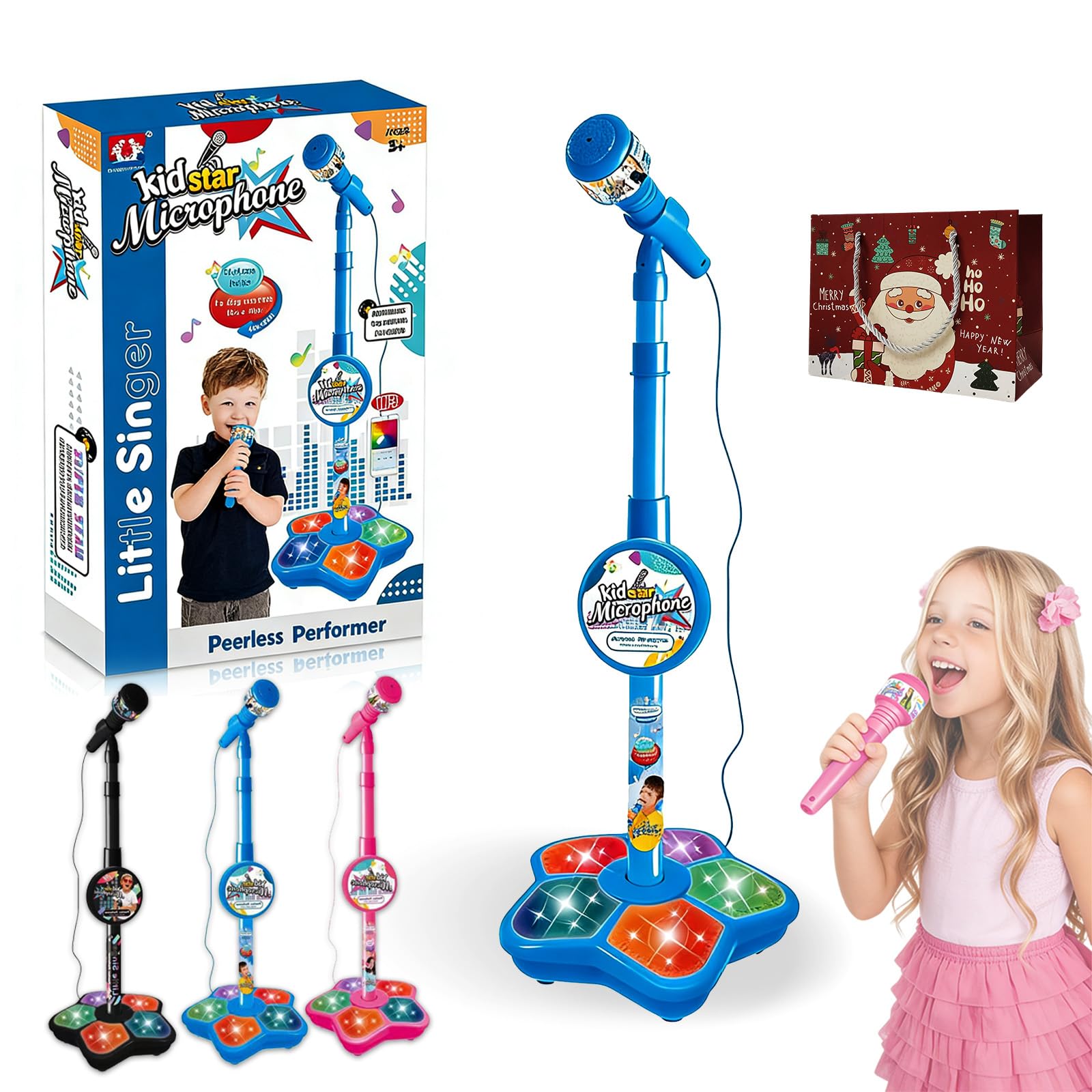 2026 New All-in-One Microphone Toy, Kids Microphone with Stand Adjustable, 5-in-1 Kid Star Microphones with Stand, with Music & Light, Speaker & Echo Effects, Christmas Birthday Gift (Blue)