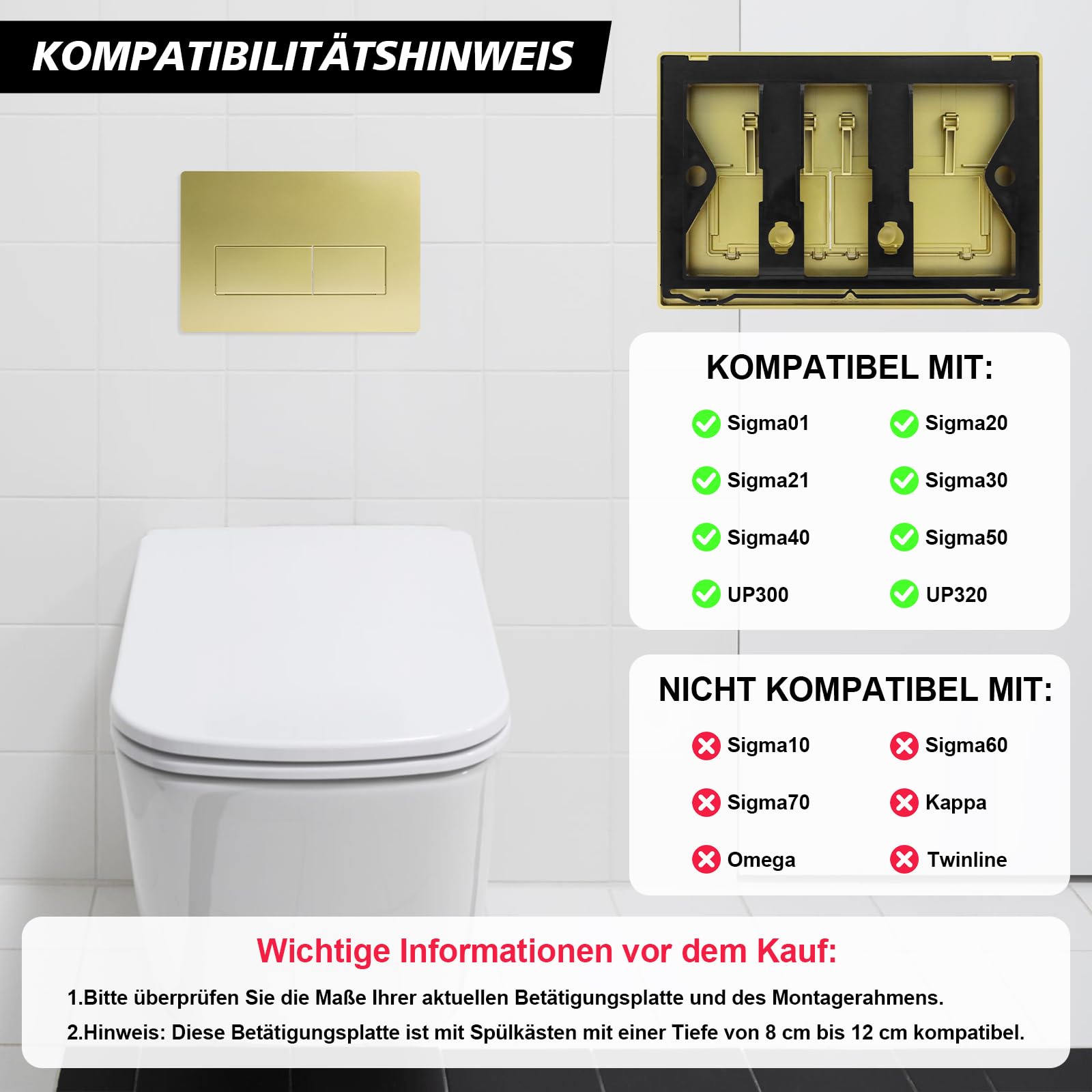 Placa de descarga WC de doble descarga, placa de accionamiento compatible con GEBERIT SIGMA01 UP300/320, placa de repuesto 115.770.11.5, oro
