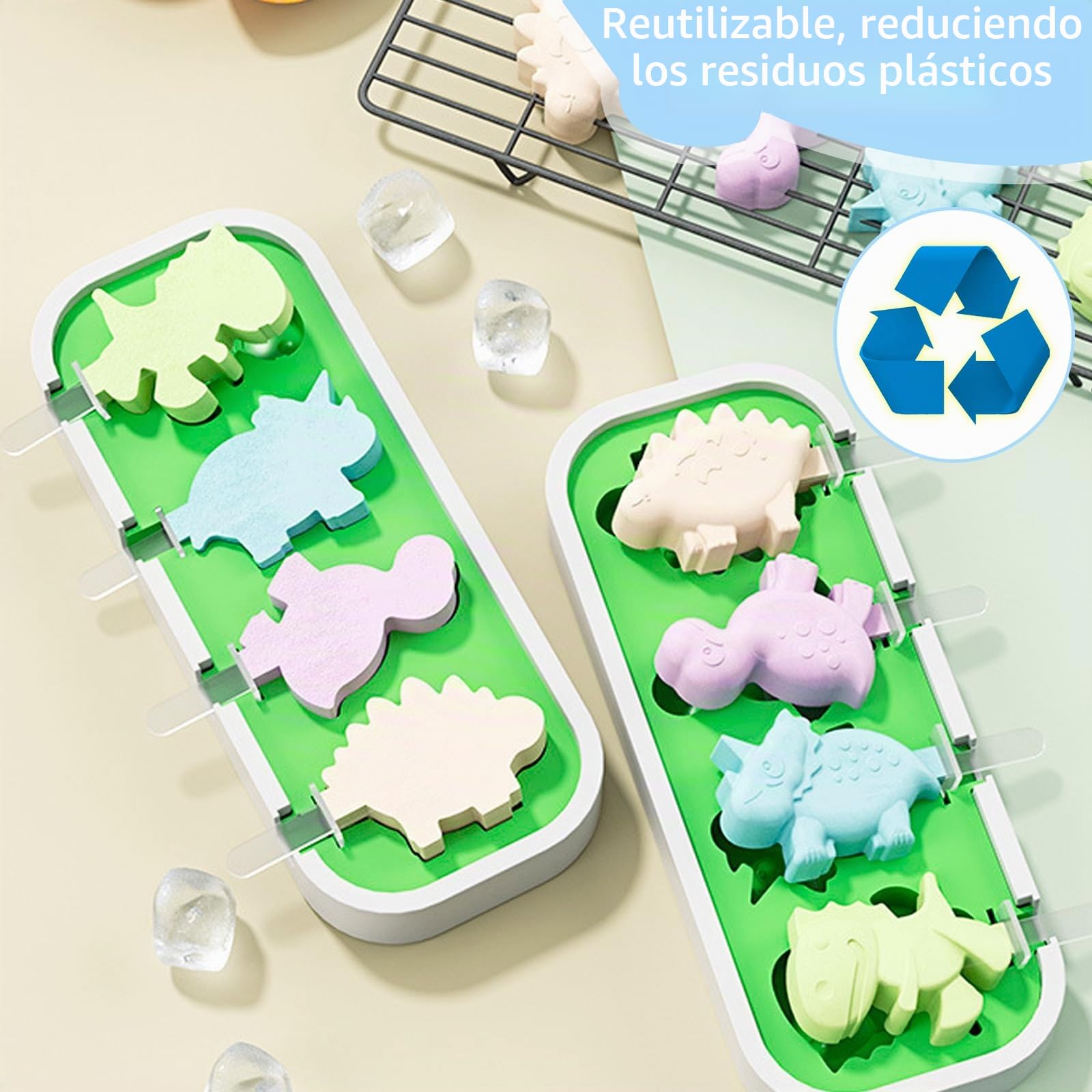 Moldes de silicona para helados, 2 moldes para helados con 12 palos, juego de paletas para niños y adultos, sin BPA, dinosaurios de silicona y moldes para coche, adecuados para bricolaje