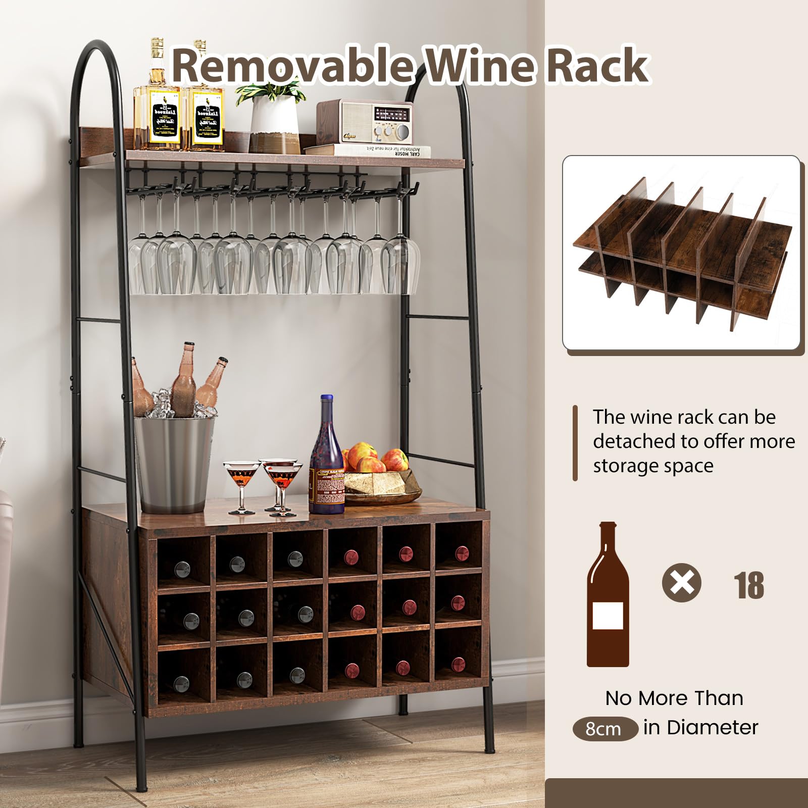 KOMFOTTEU Botellero para 18 Botellas, Estantería para Vino con Soporte para 15 Copas, Organizador de Botellas con Estantes Abiertos para Cocina, Comedor, Bar, 63 x 32 x 114,5 cm