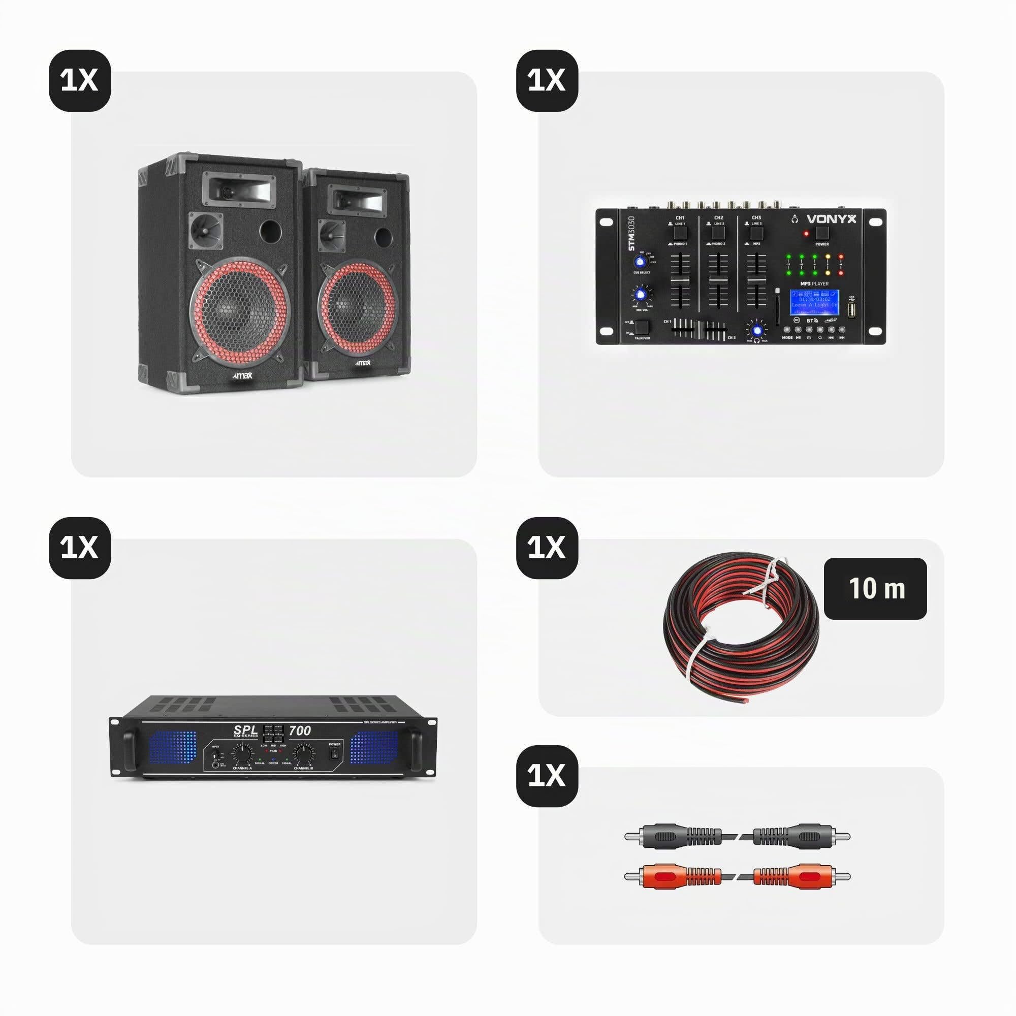 MAX XEN-3510 DJ Komplettanlage 700 Watt - 2X 10 3-Wege PA Lautsprecher Bluetooth inkl. Verstärker und 4-Kanal Mischpult mit Bluetooth USB SD Aufnahme, Bassreflex Boxen, Karaoke Party Set