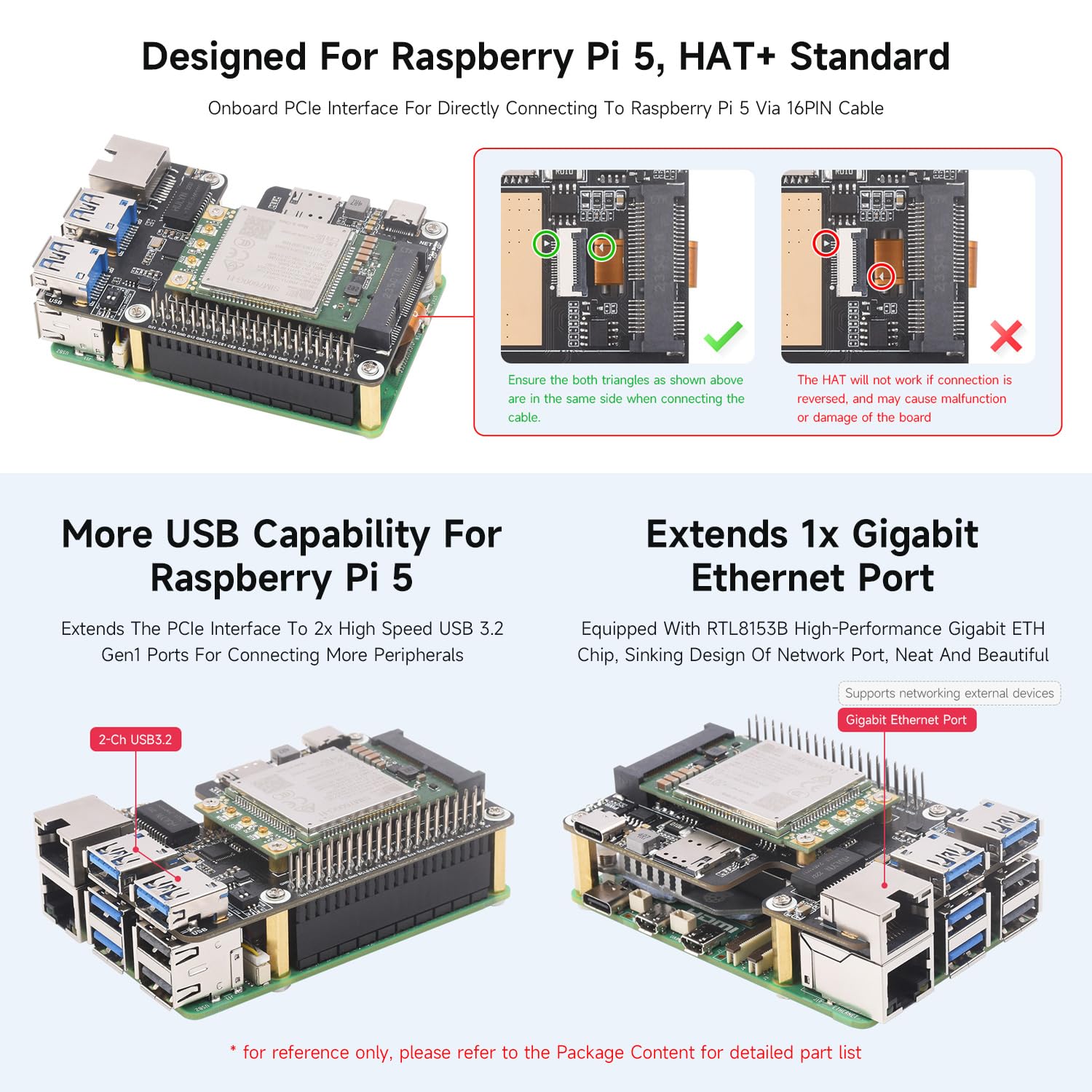 Waveshare PCIe to MiniPCIe/Gigabit Ethernet/USB 3.2 Gen1 HAT+ Compatible with Raspberry Pi 5, Supports Multiple OS and MiniPCIe interface 4G Module (with SIM7600G-H-PCIE),High-speed Networking