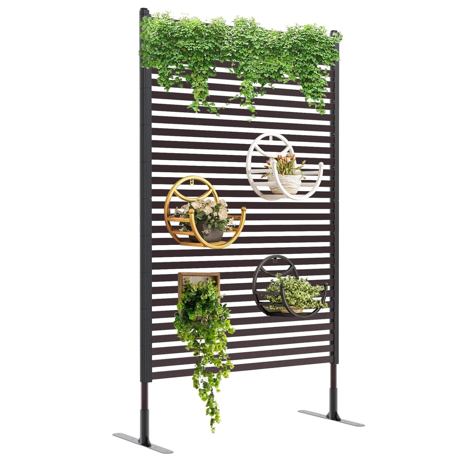 Outdoor Privacy Screens Freestanding, 36" W x 71" H Overall Poly-Coating Steel Pipes and Slats, Rustproof Brown Metal Decorative Fence Panels for Outside Backyard Garden Patio Privacy Screen