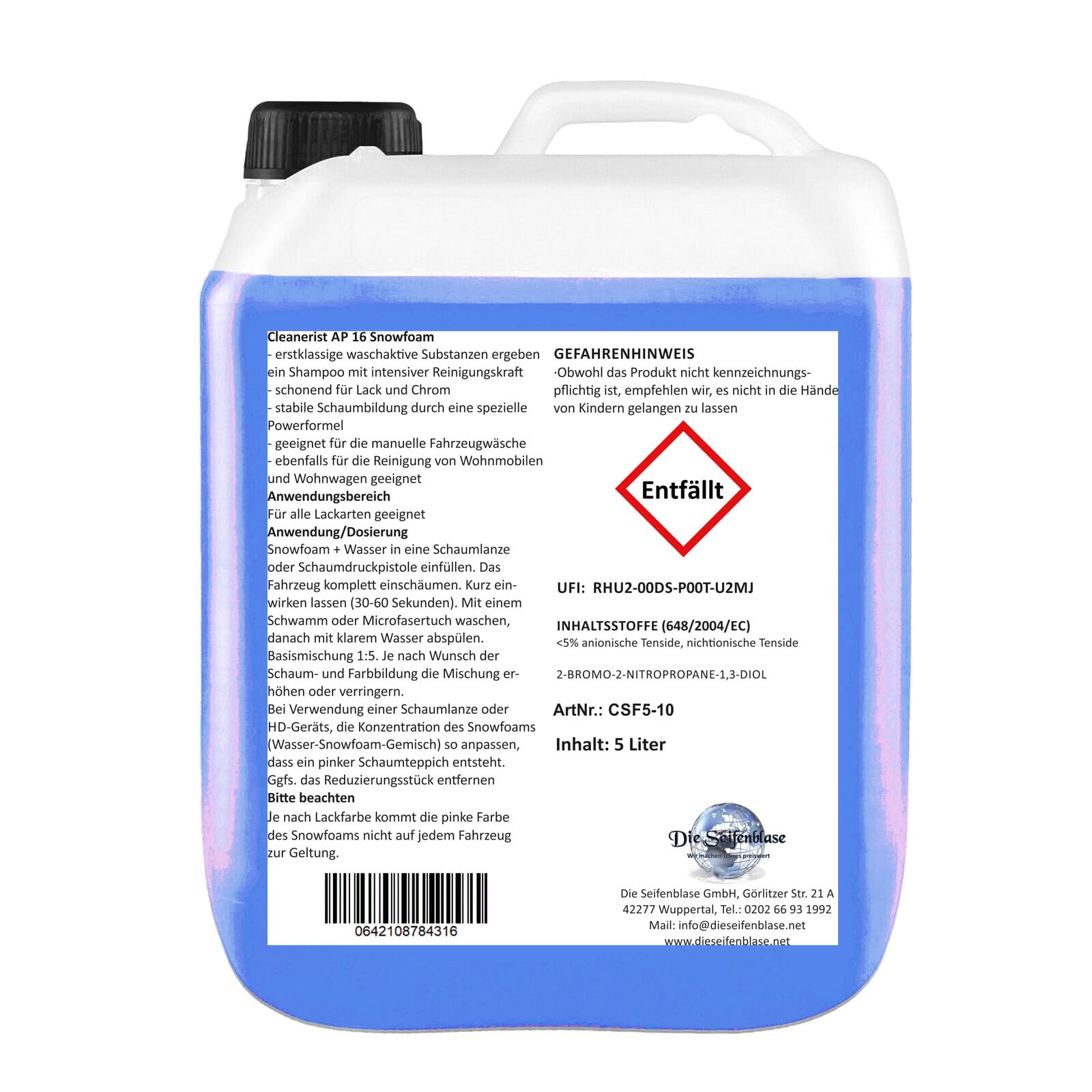 Cleanerist 5 Liter Snow Foam BLAU I inkl. Schaumdruckpistole & Microfasertuch I Konzentrat | Autoshampoo auch für Wohnwagen & Caravan | Autowäsche I Foamer I Aktivschaum
