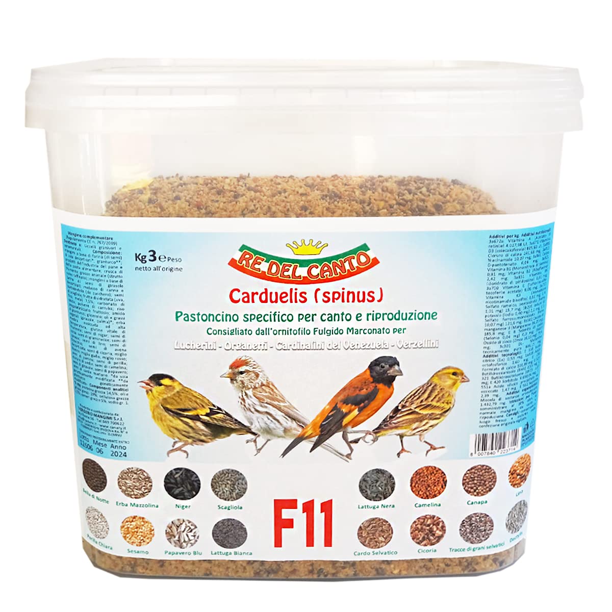 F11 Canto e Riproduzione - 1 Pack da 3kg - Pastone+Miscela Semi - Alimento per cardellini, lucherini, organetti, verzellini, cardinalini Venezuela, spinus, Mangime