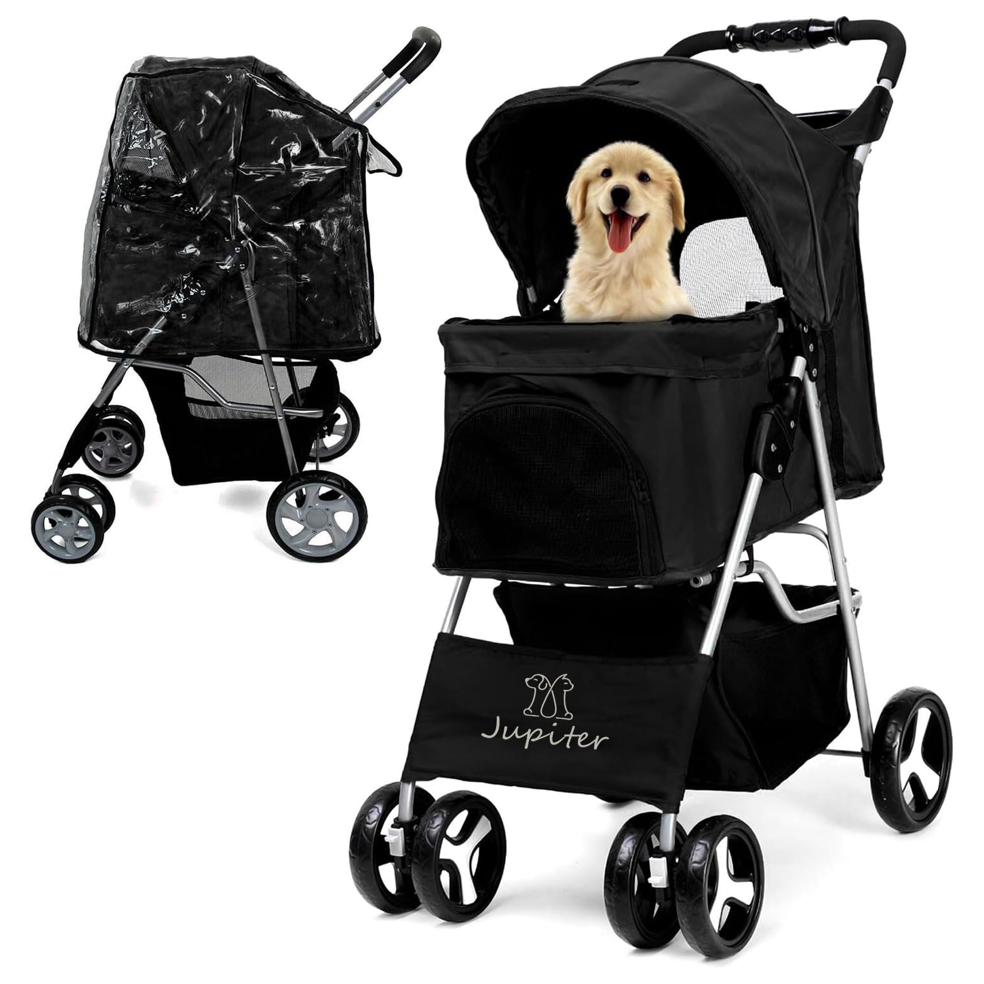 Dog Stroller with Rain Cover, Pet Pram for Small Medium Dogs, Dog Buggy with Storage Basket Cup Holder, Cats Dogs Pushchair, Foldable Pet Pram for Cats Puppies Pets (Black with Rain Cover)