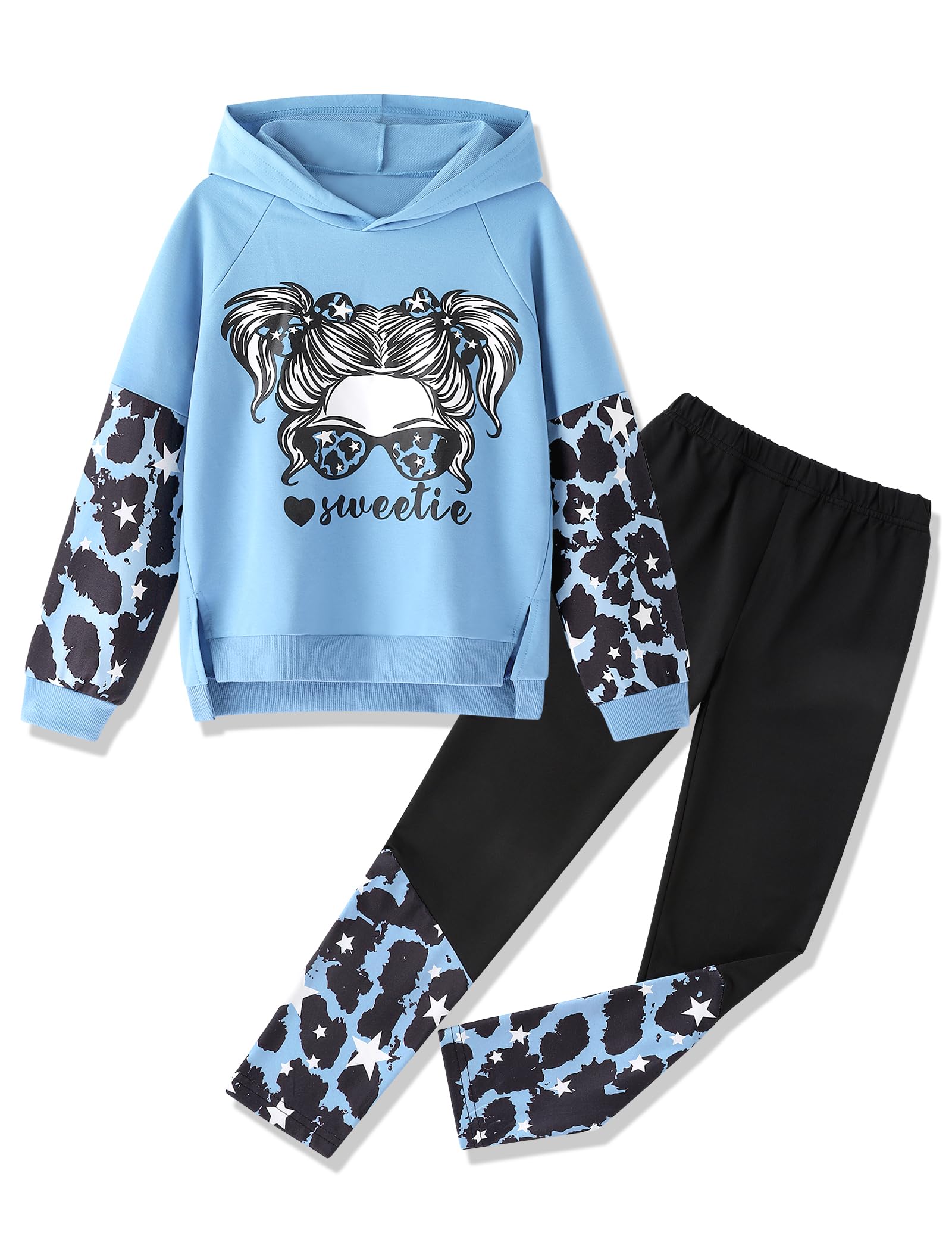 Gaupafmb Girls Clothes Cool Girl Print Tie Dye Hoodie Pullover Sweatshirt Leggings 2PC Outfits