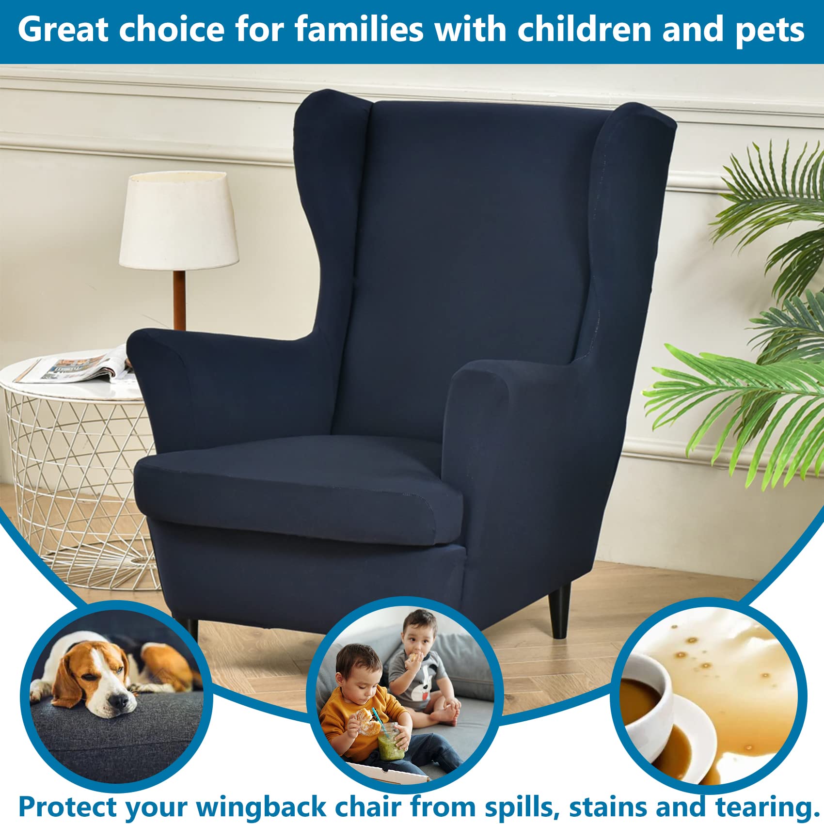 HZDHCLH Wingback Lot de 2 housses de chaise avec accoudoirs - Tendance et élastique - Protection de meubles - Convient pour fauteuil, salon, chambre à coucher, hôtel (bleu marine)