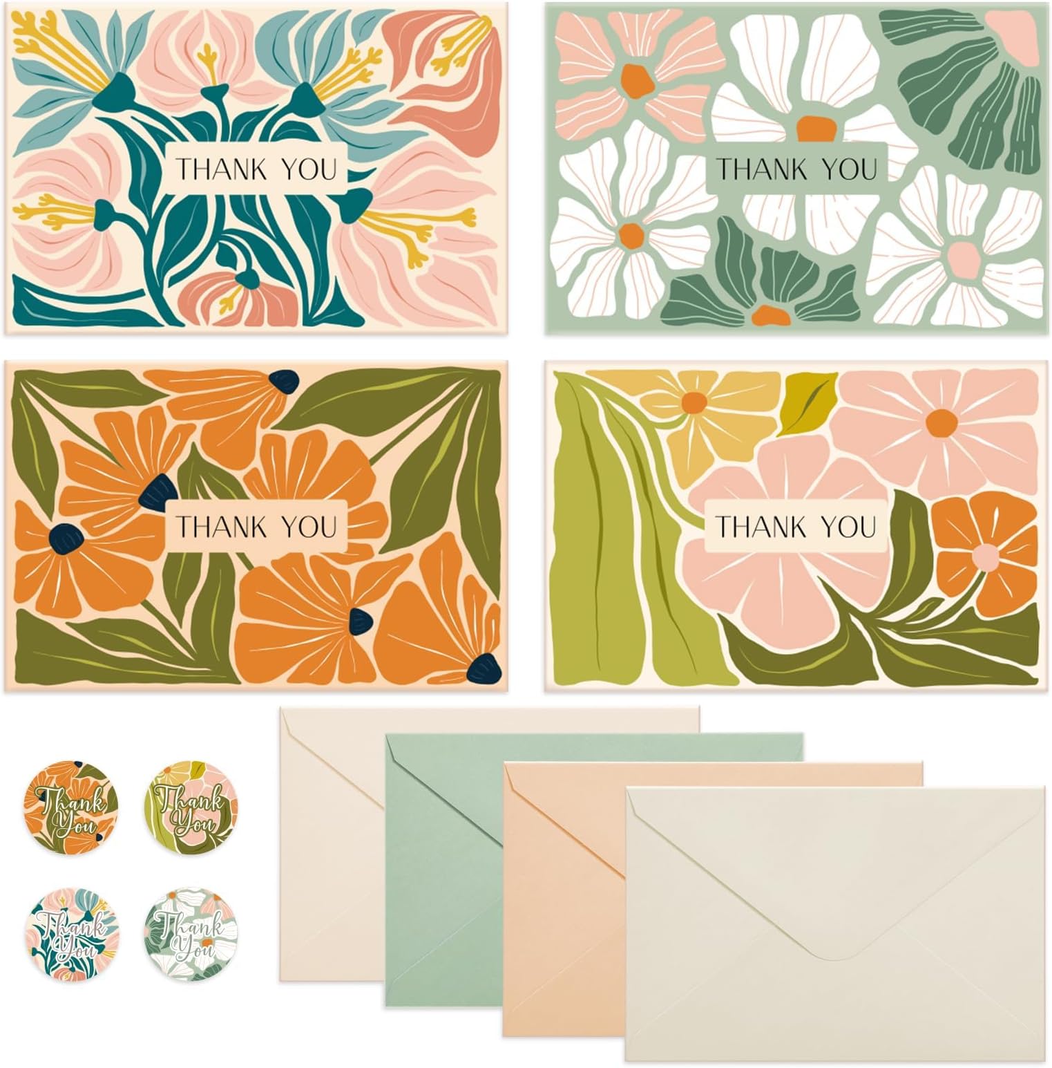 32 Pack Thank You Cards with Envelopes & Stickers | 4x6 Inch Blank Cards Multipack, 4 Assorted Designs for Birthday, Wedding, Christmas, New Year, Baby Shower & All Occasions (4" x 6")