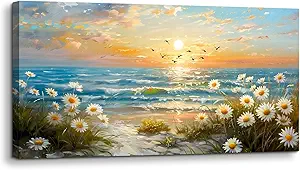 SERIMINO Large Canvas Wall Art Prints, Ocean Sunset Landscape Canvas Prints Paintings, Coastal Daisy Paintings Decor, Seaside Wildflowers Wall Decor for Bedroom Living Room Dining Room 20"X40"