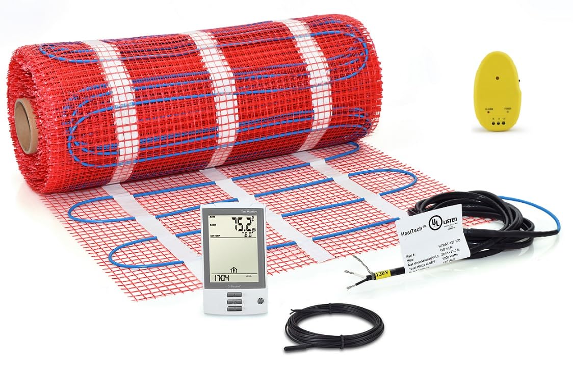20 sqft HeatTech 240V Electric Tile Radiant Floor Heating Mat Kit for Tile and Stone with OJ Microline Thermostat UDG-4999, GFCI-Protected, Floor Sensor, Adhesive MESH