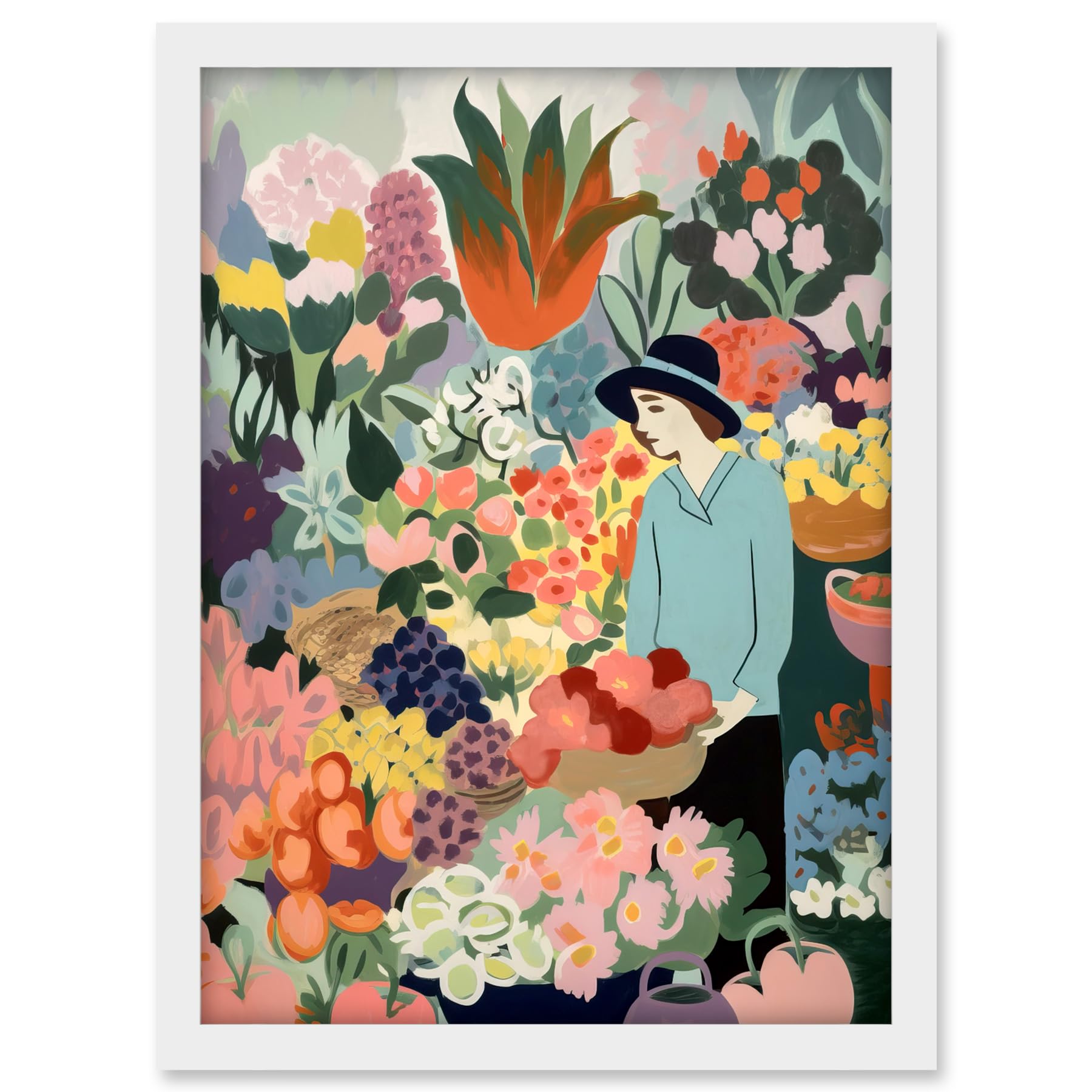 Artery8 Danish Pastel Aesthetic Flower Market Watercolour Painting Woman Bouquet Artwork Framed A3 Wall Art Print
