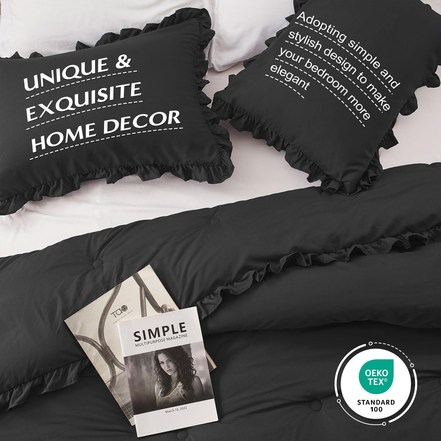 HARBOREST Lightweight 2 Pieces Black Ruffle Bed Set Vintage Farmhouse Soft Comforter Set Twin with 1 Pillow Shams(Twin/Twin XL, 66x92 inches, Black): Black Queen