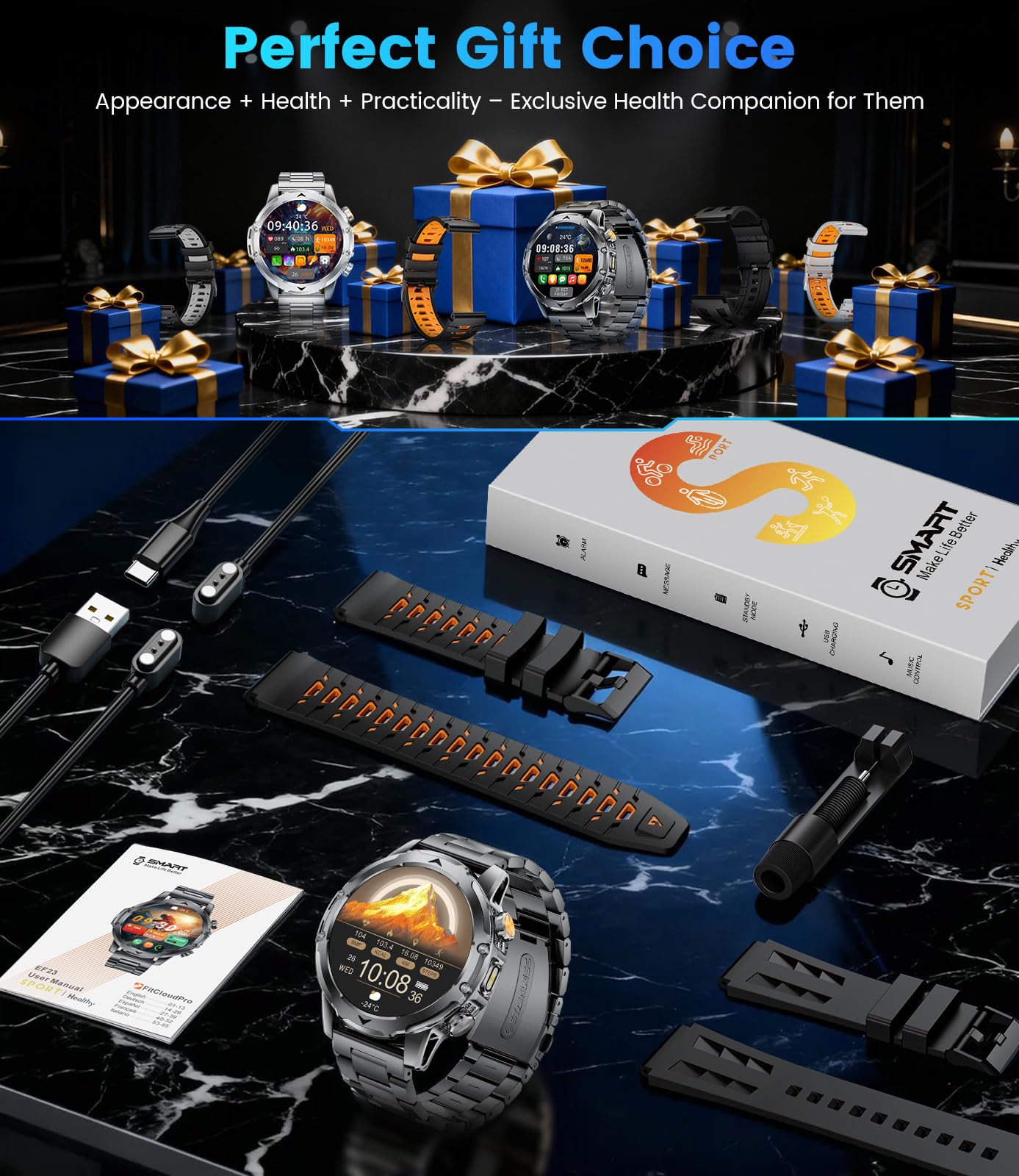 FitVigor Military Smart Watch for Men, 1.53" Fitness Tracker with 1000 mAh Ultra-Long Battery/Flashlight/Bluetooth Calling/Health Monitor / 120+ Sports Modes / IP68 Waterproof for iOS Android, Black — view 6