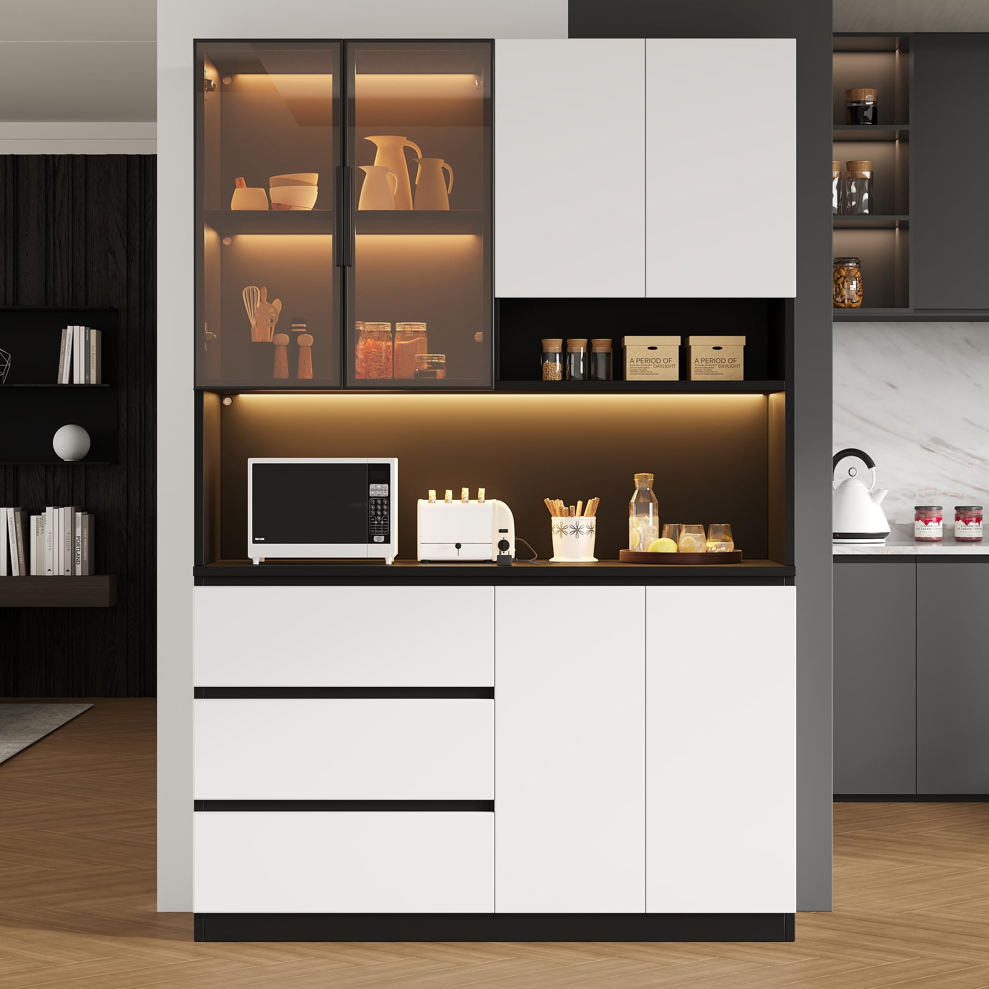 REXO Vetrina da cucina multifunzionale, con illuminazione a LED, 6 ante, 3 cassetti, ripiani, per riporre stoviglie, microonde, L 120,5 x P 40 x H 180 cm, bianco + nero