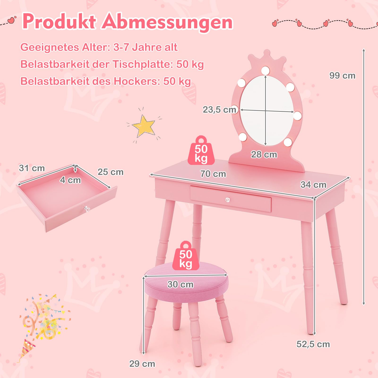 COSTWAY Make-uptafelset voor kinderen, 2-in-1 kaptafel, bureau en kruk met afneembare spiegel, 2 laden, kam, houten kaptafel voor meisjes van 3 tot 7 jaar