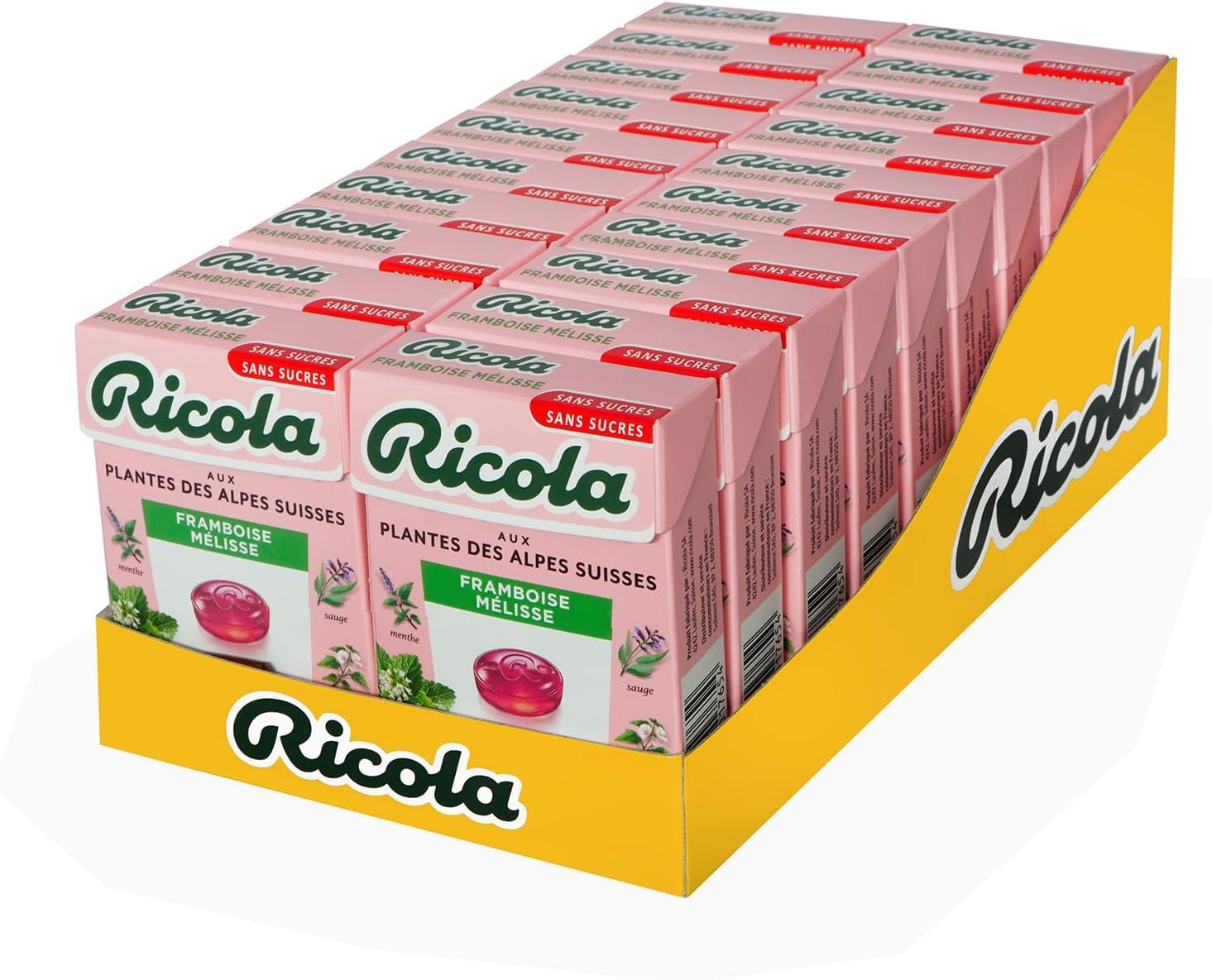 Italian Gourmet Schweizer Alpenkräuter Bonbons Zuckerfrei – Himbeere & Melisse – 20x50g Vorratspack – Kräuterpastillen für Hals & Atem – einzeln verpackt – praktische Großpackung