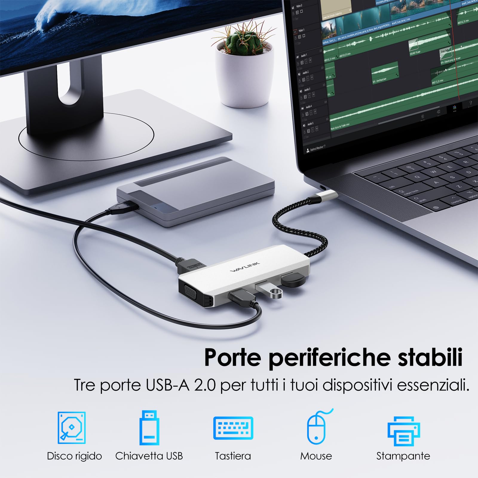 Docking station per laptop WAVLINK, docking station quad monitor con doppia porta DP, HDMI, VGA, ingresso PD da 100 W, 3 porte USB-A 2.0, compatibile con Dell/HP/Lenovo ecc., solo sistema Windows | Singolo 8K a 60Hz, 100W PD in, 3×USB-A per dispositivi wi