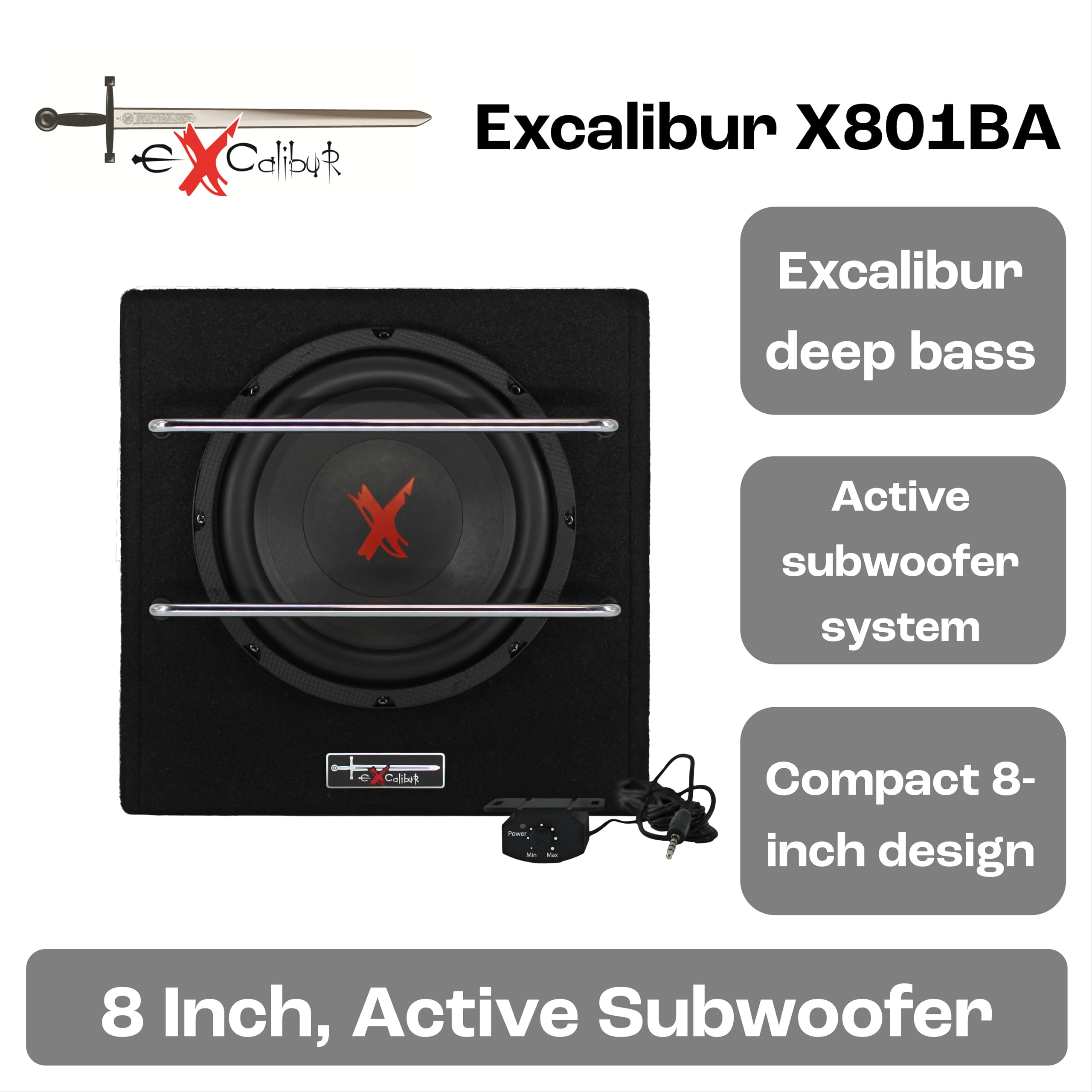 Excalibur X801BA Subwoofer Coche Activo 8" 20cm Caja Bass Reflex con Amplificador Integrado Potencia MAX Compacto Audio Automóvil Bombo Graves Maletero Instalación Fácil Negro