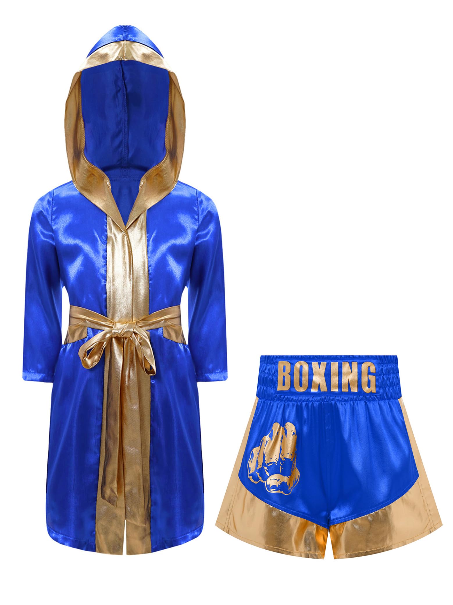Costume Da Pugile Bambini Ragazzi Ragazze Kickboxer Vestaglia Con Cappuccio in Raso Con Pantaloncini Da Boxe Arti Marziali Formazione Abbigliamento