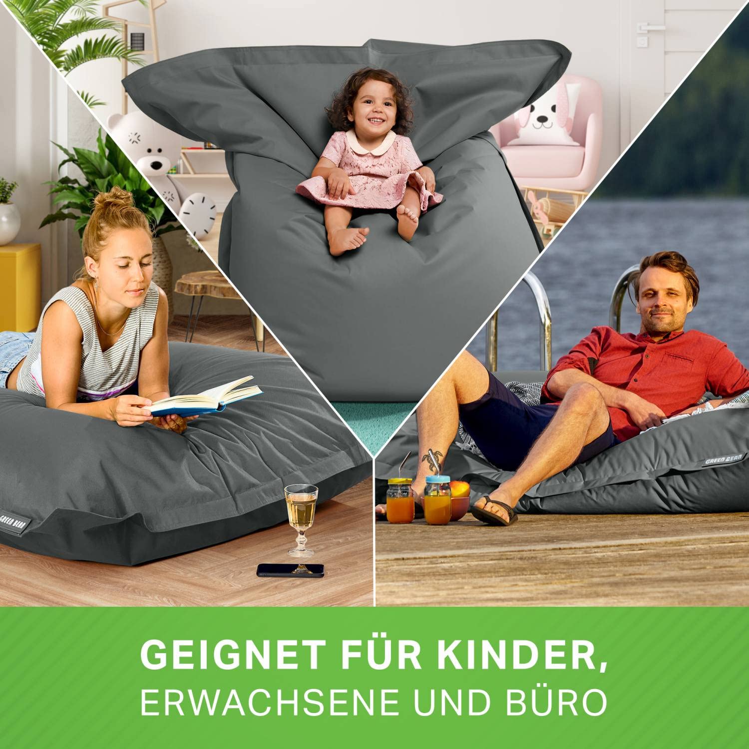 Green Bean© Zitzak 120x160cm 270 liter Zitzak voor kinderen & volwassenen EPS parels vulling Reuzenzitzak Groot Buiten gebruik Buiten Lounge-kussen Weerbestendig Lounge stoel Zitkussen Vloerkussen Groen