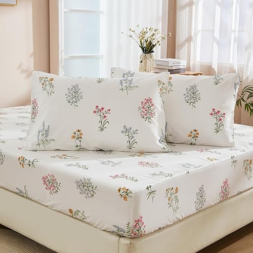 Pink Floral Sheet Set Queen Size 100% Cotton Sheets Crispy Cooling Percale Sheets 3 Pcs Breathable & Durable Queen Fitted Sheet Set (Flower, Queen)