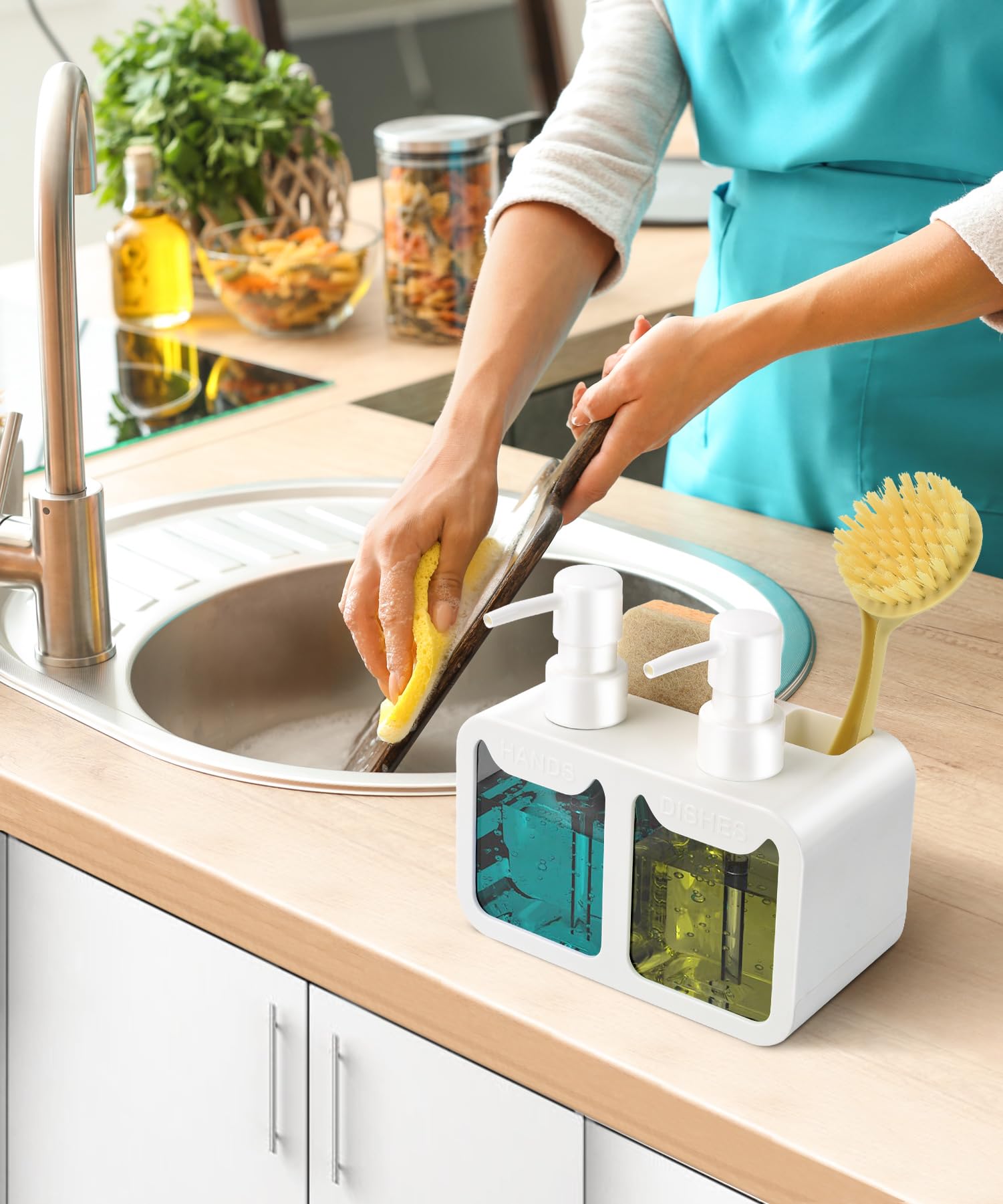Set di erogatore di sapone per mani e detersivo per piatti, doppio erogatore con porta spugna e spazzola, erogatore di sapone 4 in 1 da appoggio per lavello della cucina, utili gadget da cucina