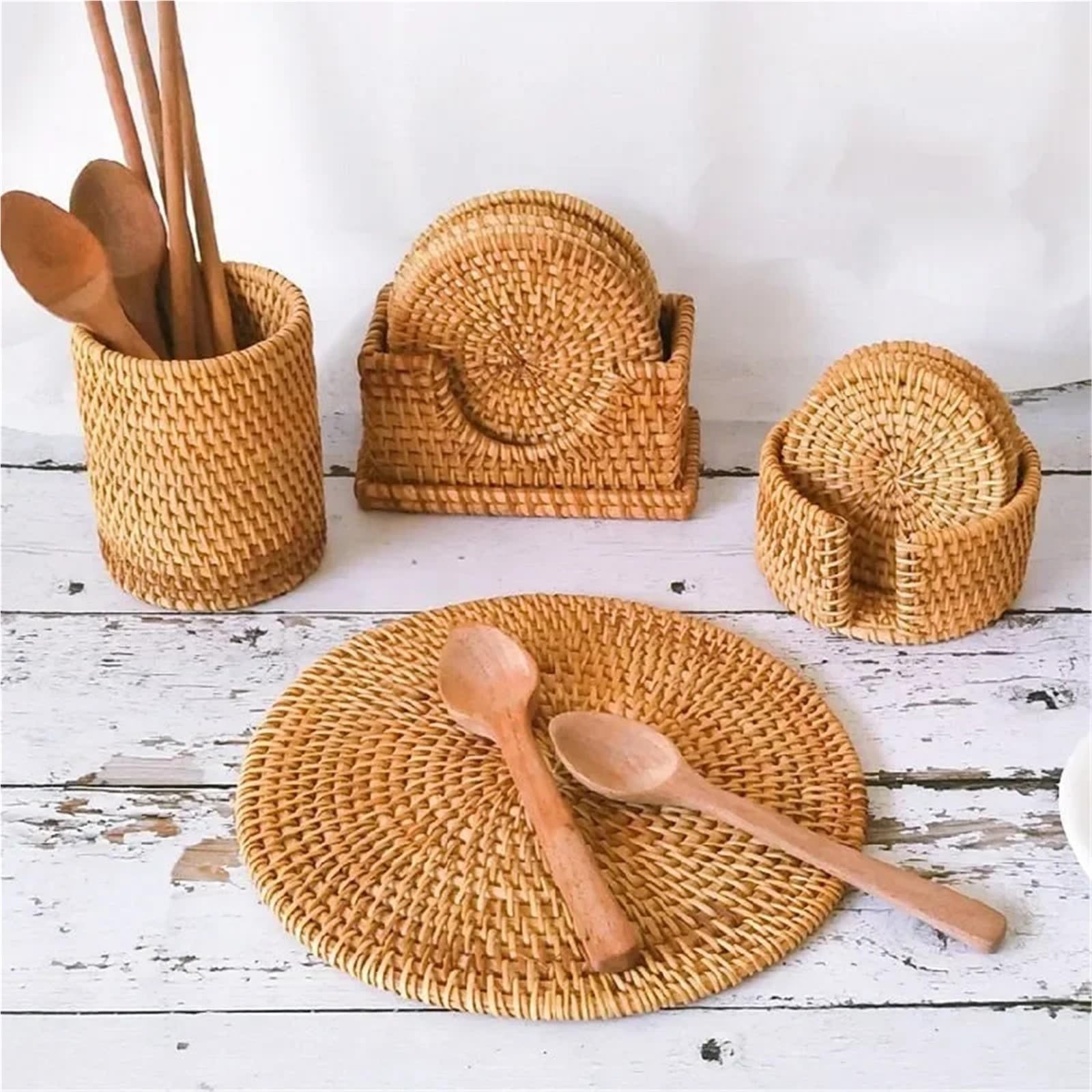 Set di sottobicchieri in rattan intrecciato a mano da 6 pezzi con supporto portaoggetti Per Tavolo
