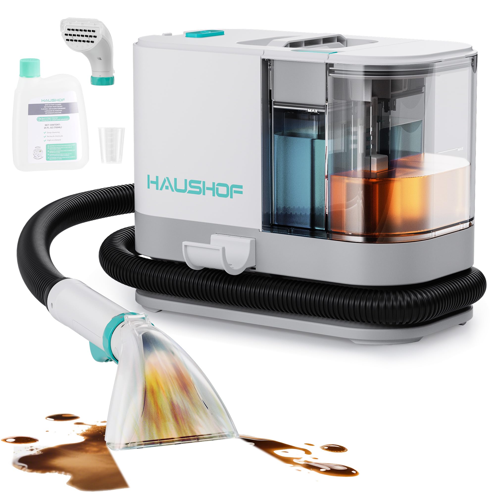 HAUSHOF Waschsauger Teppichreiniger 13 kPa, Tragbarer Polsterreiniger 3,85 kg, 2-in-1 Wassertank, 1,5 m Schlauch, Leise (≤77 dB), Kompatibel mit Warmwasser, für Teppiche, Sofas und Autositze
