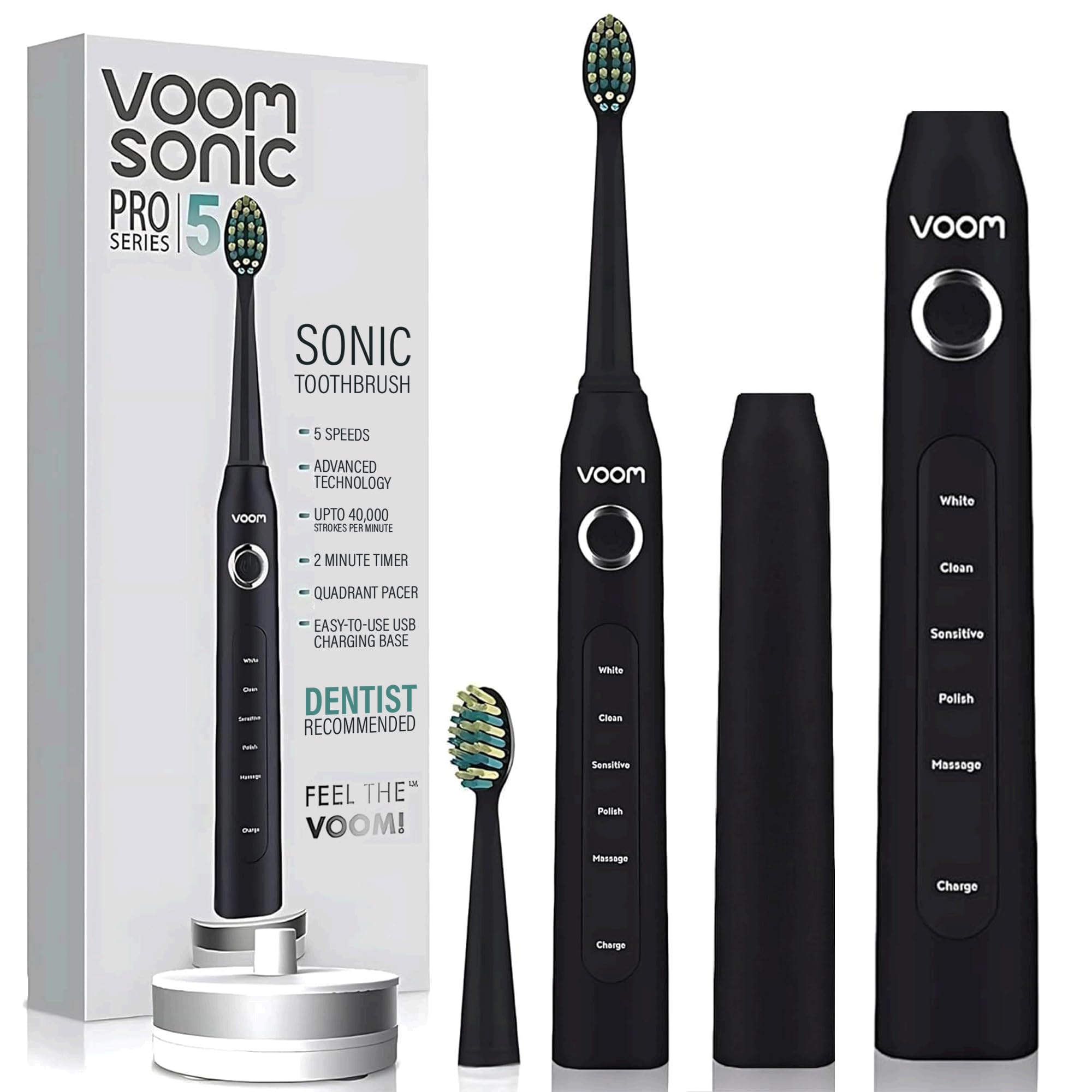 Voom Sonic Pro 5 Spazzolino elettrico per adulti – Spazzolino elettrico ad ultrasuoni con testina di ricambio, potenza consigliata dal dentista spazzolino sonico con 5 modalità