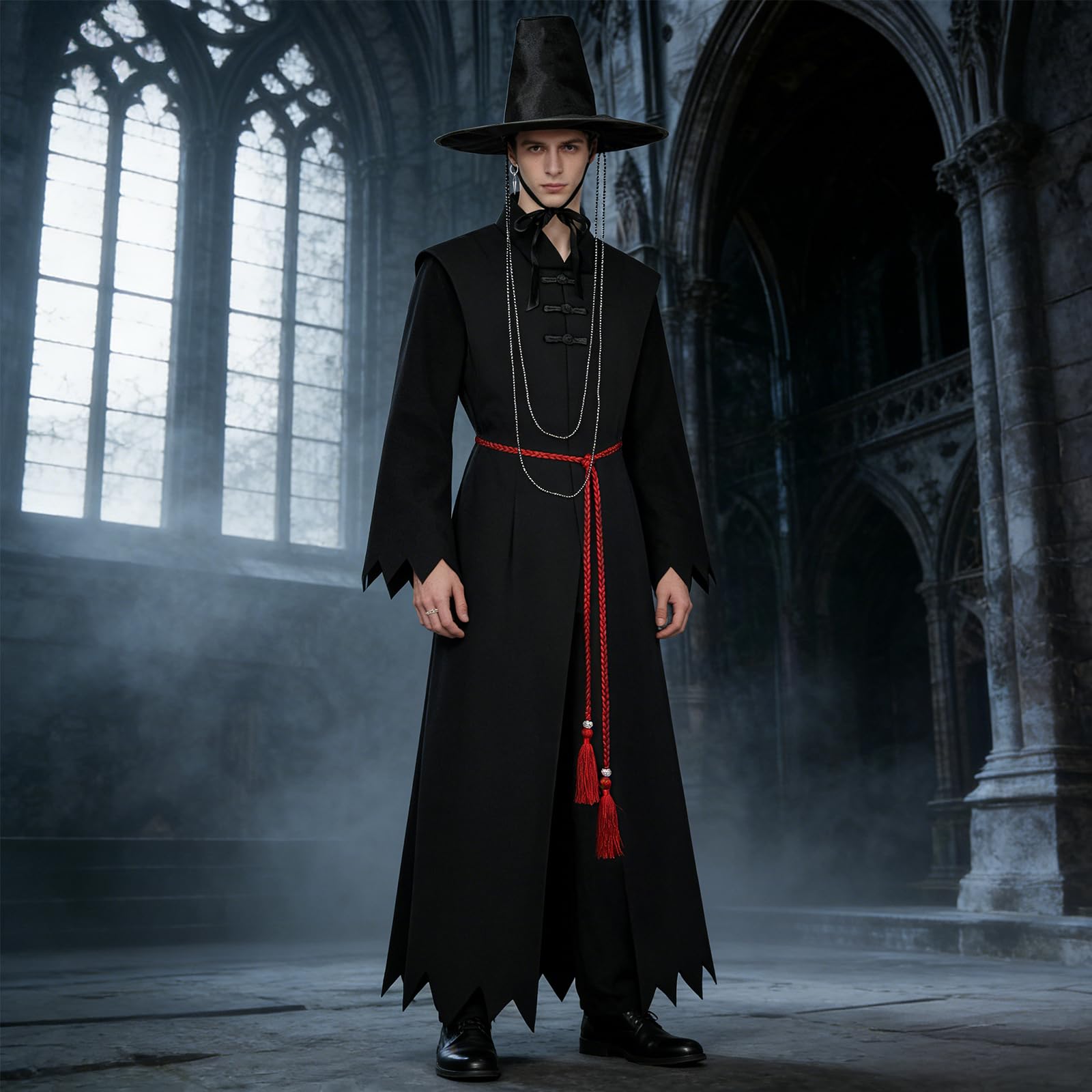 Costume Carnevale Uomo, Déguisement Cosplay per Adulti con Maglia, Pantaloni, Mantello, Cappello e Accessori Coordinati, Outfit Scuro e Misterioso per Halloween Carnevale Feste Tema Travestimenti