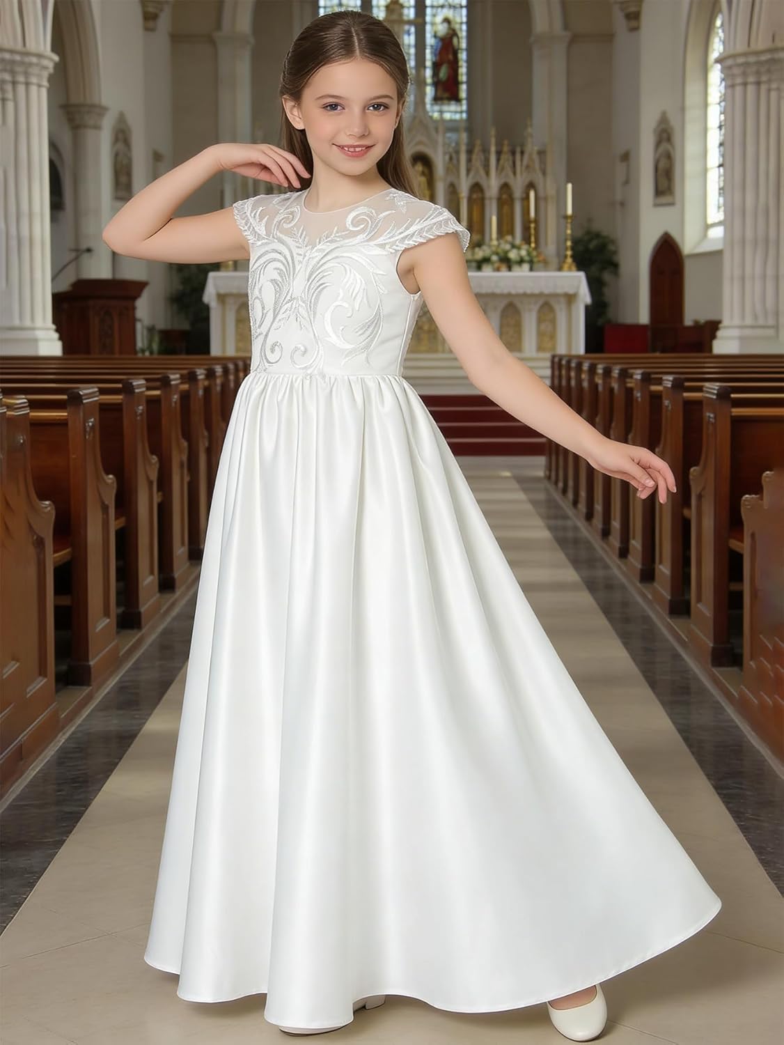 Girls Pageant Princess Satin Flower Girl Dress Embroidery Tulle for Kid Bridesmaid Birthday Party Communion Formal Ball Gown