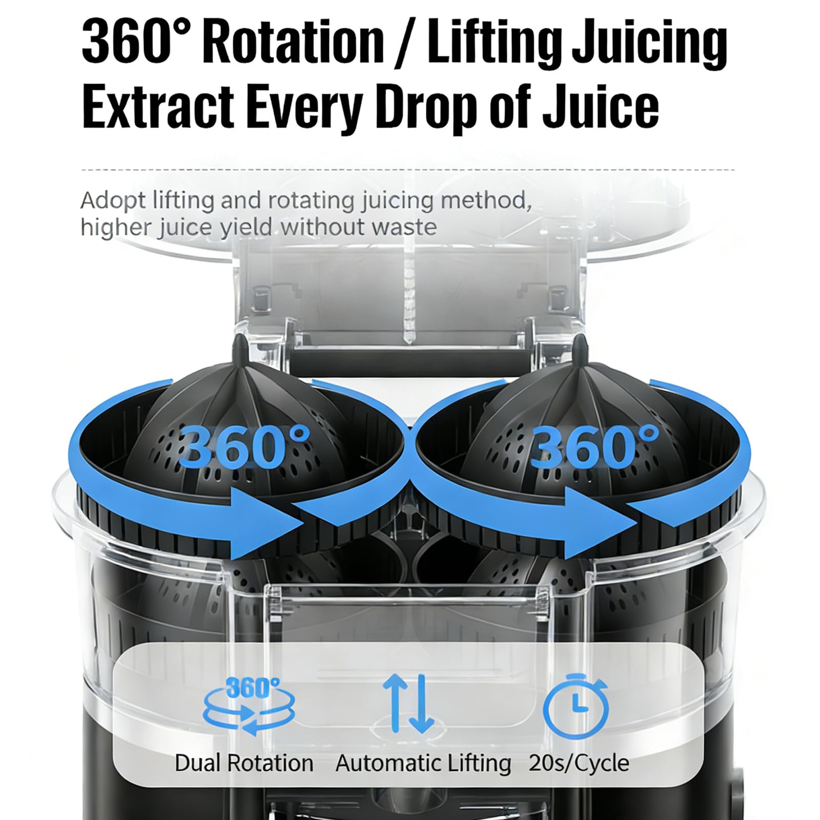 Exprimidor de Naranjas de Doble Cabezal de 59,2 W, Exprimidor Eléctrico de 600 Ml con Cámara de Pulpa de 8 Cuchillas, Rendimiento de Jugo>90%, Exprimidor de 20 Segundos, Exprimidor de Jugo black