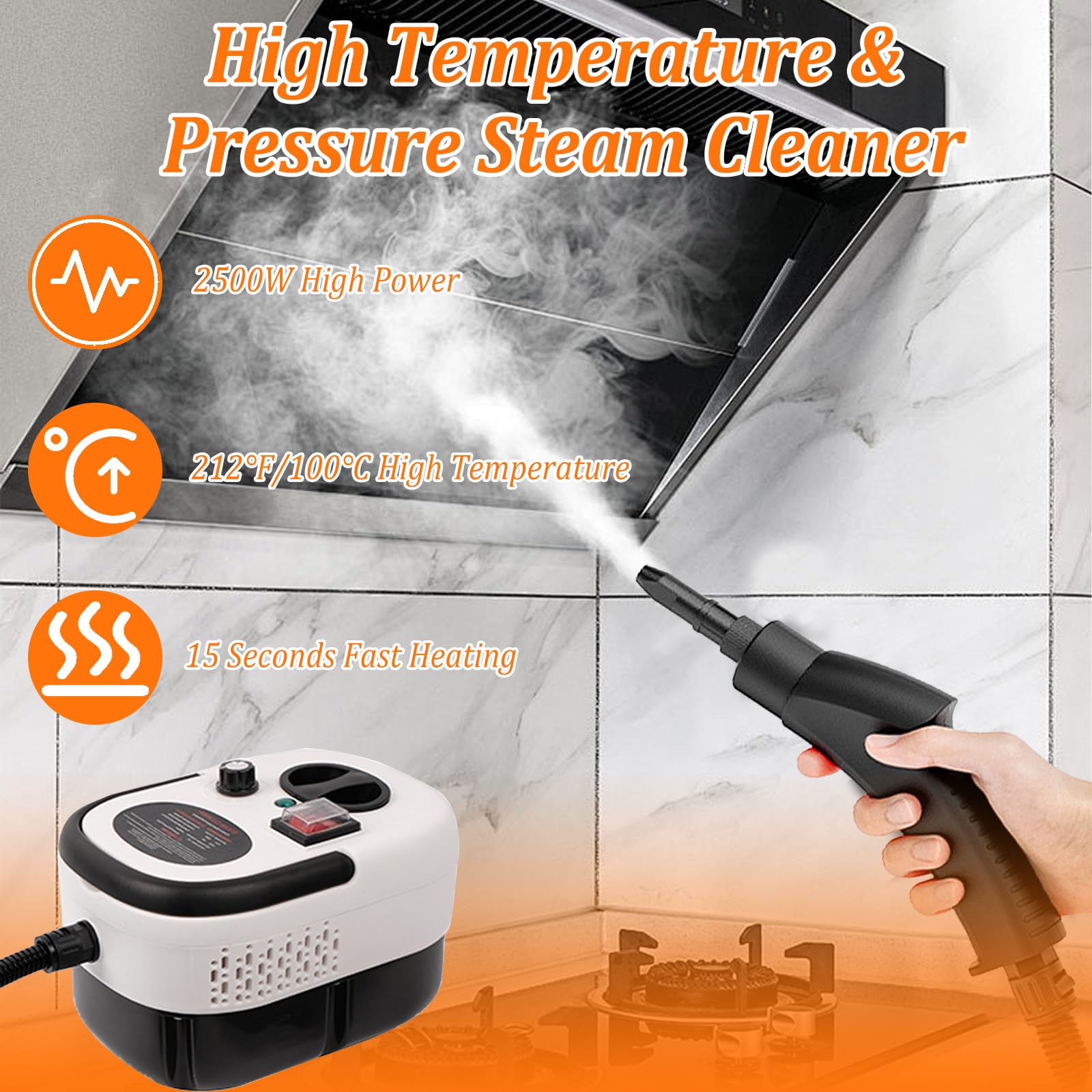 Limpiador a Vapor Alta Presión, 3,0 bar 2500W Vaporeta Limpieza Hogar Depósito de Agua 1,2L, Portátil Maquina de Vapor Limpieza para Hogar, Cocina, Baño, Coche, Suelos, Alfombras, Sofás