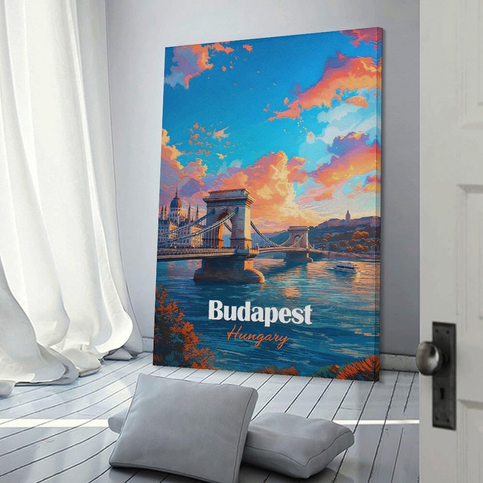 Junmoney Budapest Hungary Chain Bridge Sunset Room Decor Wall Art, 20x30inch(50x75cm), for Bedroom, Guest Room Or Reading Nook, Home Artwork with A Soft Interior Feel