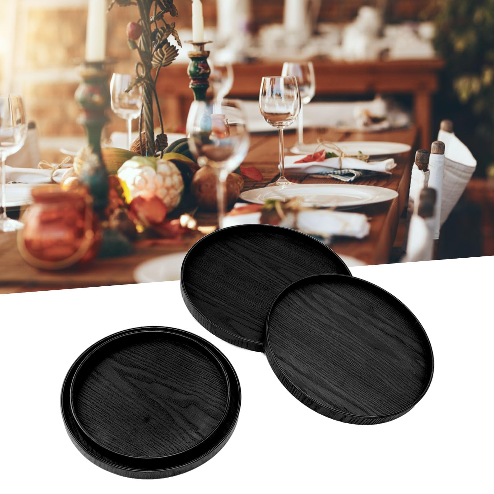 Bandeja de madera negra para servir, antideslizante, a prueba de derrames, multifuncional, redonda, para restaurantes, hogar y fiestas, y elegante accesorio de cocina