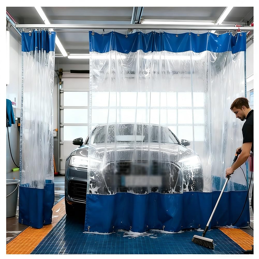 GJMSSMY Industrial Wash Bay Curtains with Eyelets, 0.6mm Clear Waterproof PVC Tarpaulin Side Panels, Garage Divider Curtains Push-Pull Partition Curtain, for Factory Workshop(Blue,5x3m/16.4x9.8ft)