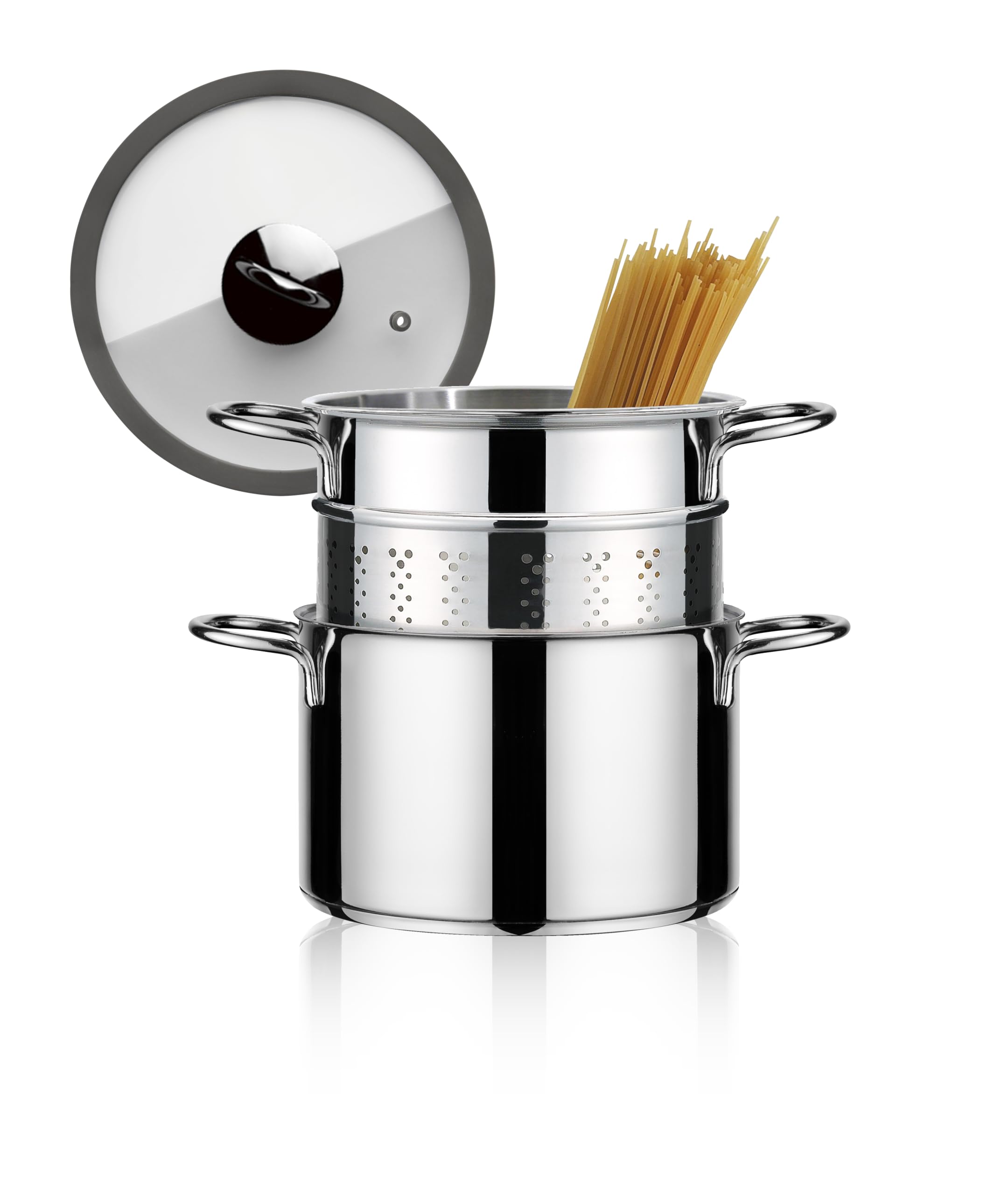 Milano - Olla para pasta, pasta, de acero inoxidable 18/10 con cesta escurridora y tapa de cristal, diámetro de 22 cm, todos los tipos de cocina, fabricada en Italia