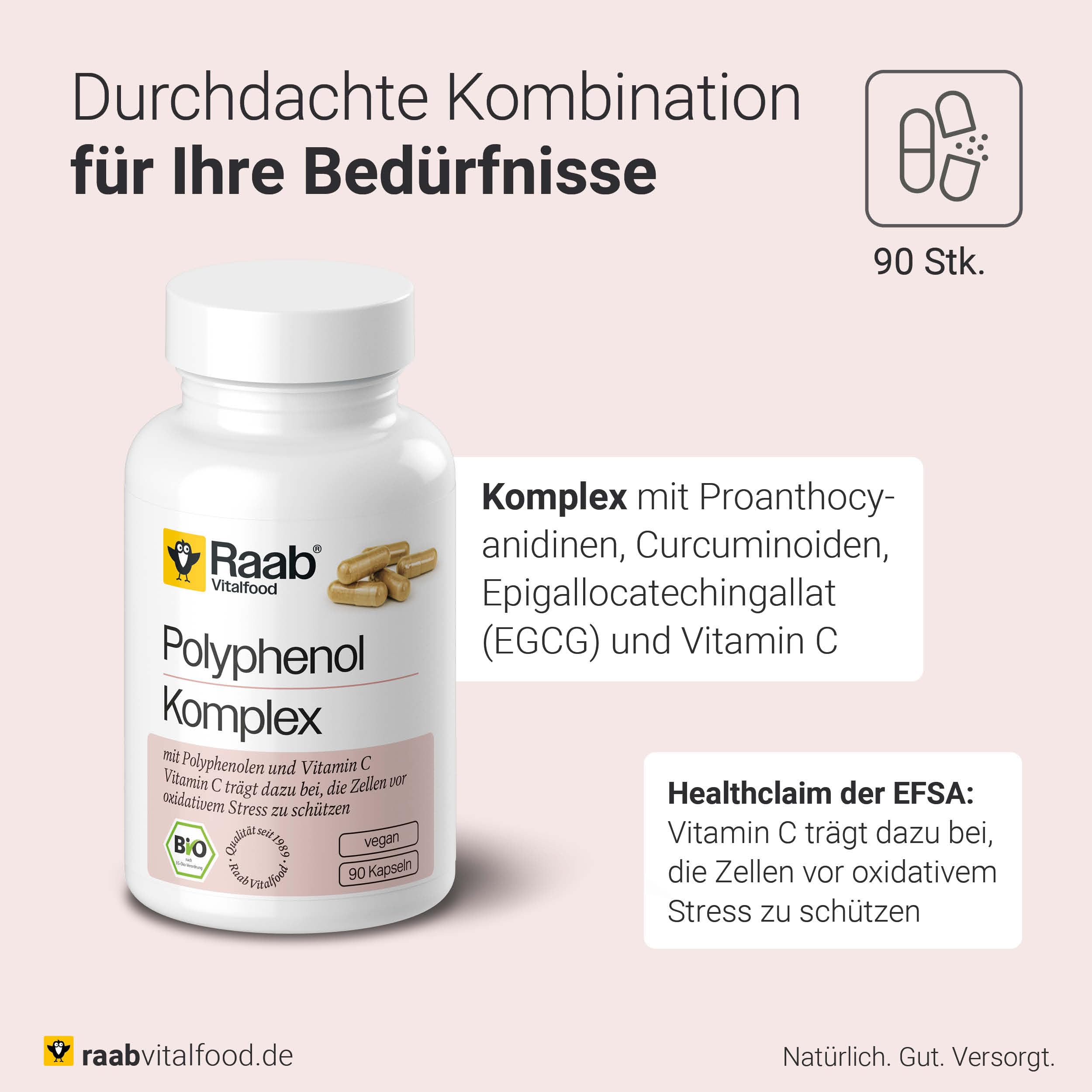 Raab Vitalfood® Bio Polyphenol Komplex Kapseln (90 Stück) - mit 270 mg Polyphenolen pro Tag und mit natürlichem Vitamin C aus Acerola, das dazu beiträgt, die Zellen vor oxidativem Stress zu schützen.