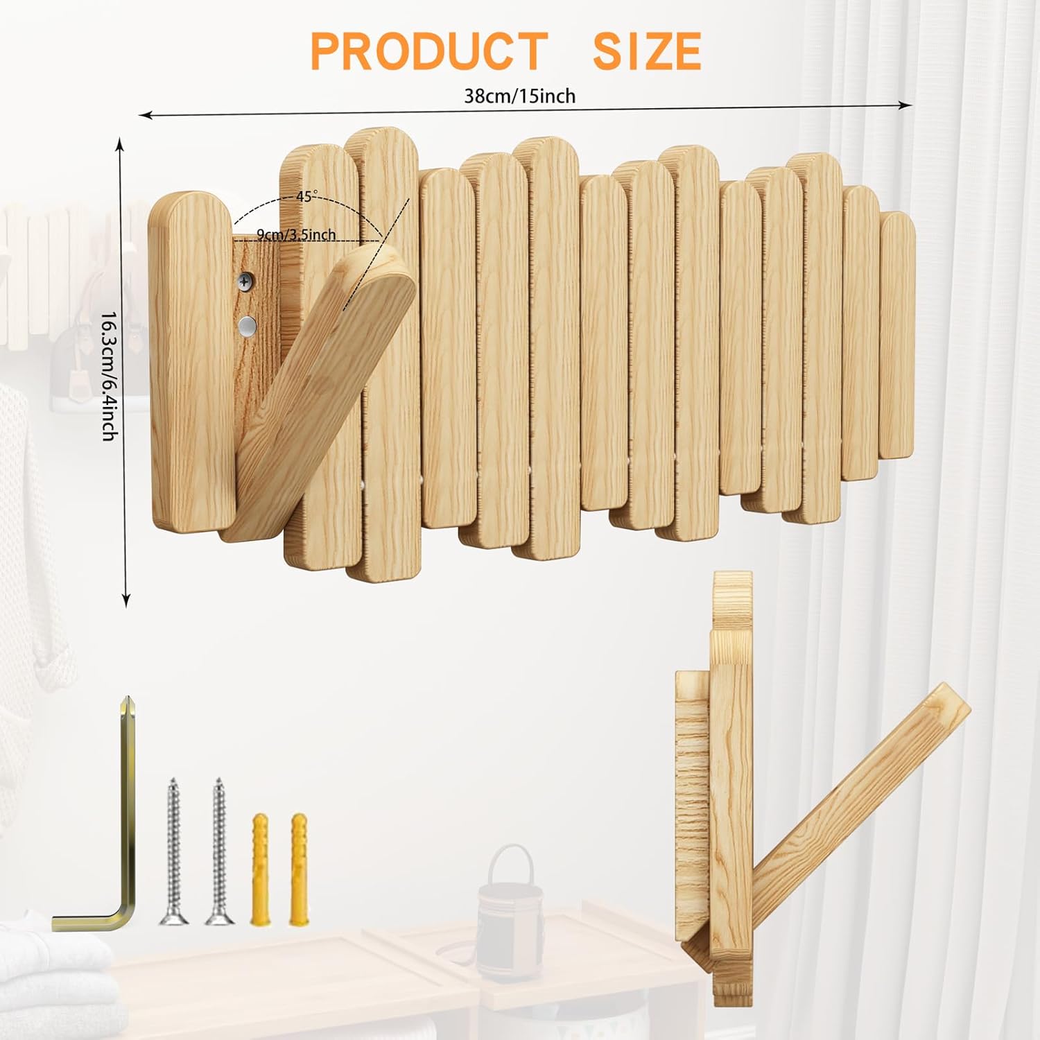 Piano Key Coat Rack - Solid Wood Wall Organizer with 5 Hooks, Vintage Entryway Storage for Coats & Bags, Space-Saving for Apartments, Music Studios & Farmhouse Decor (Natural)