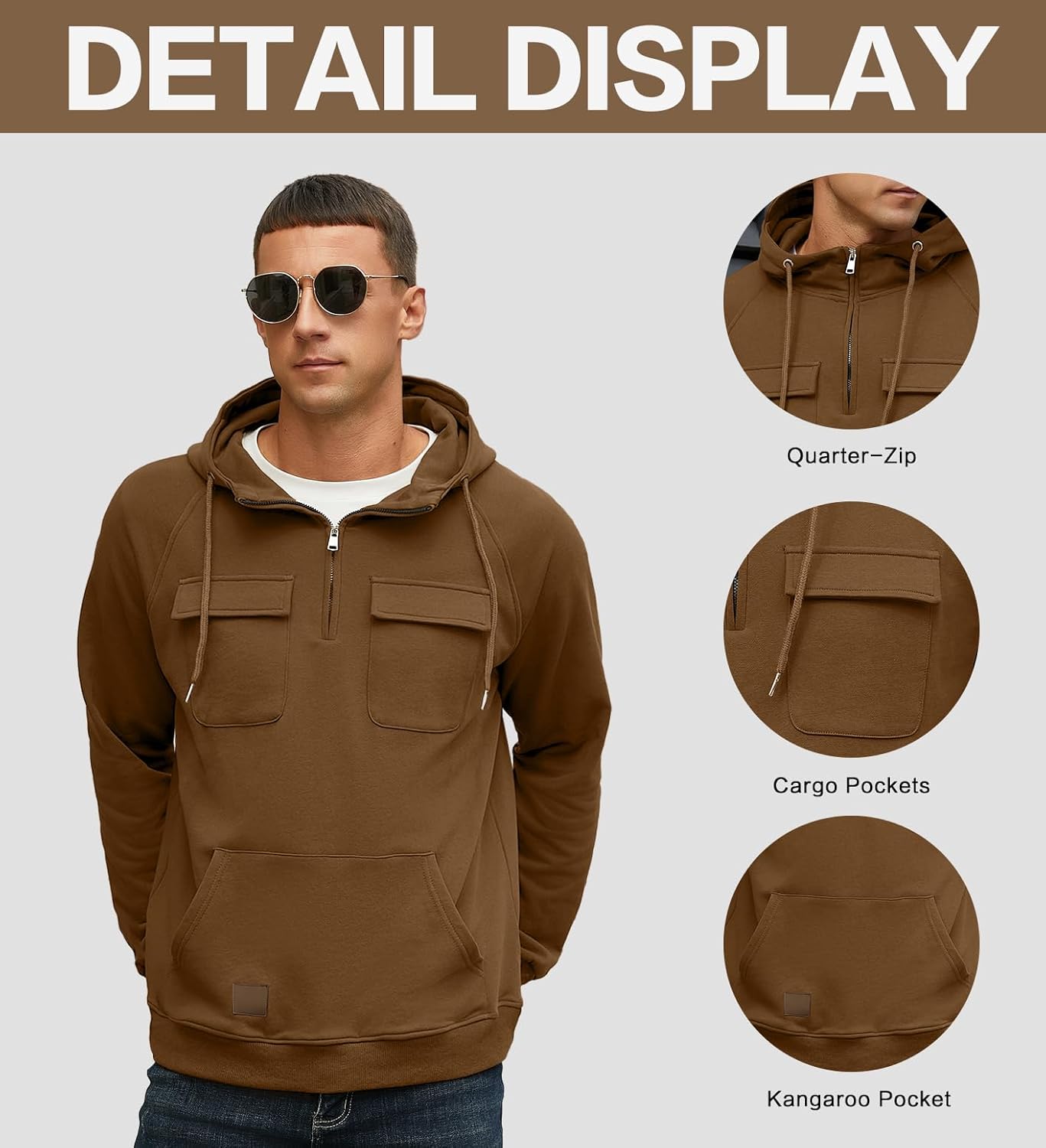 Lepunuo Men's Cargo Hoodies Quarter Zip Sweatshirts Tactical Pullover Casual Gym Athletic Loose Hooded Sweatshirts - Image 2