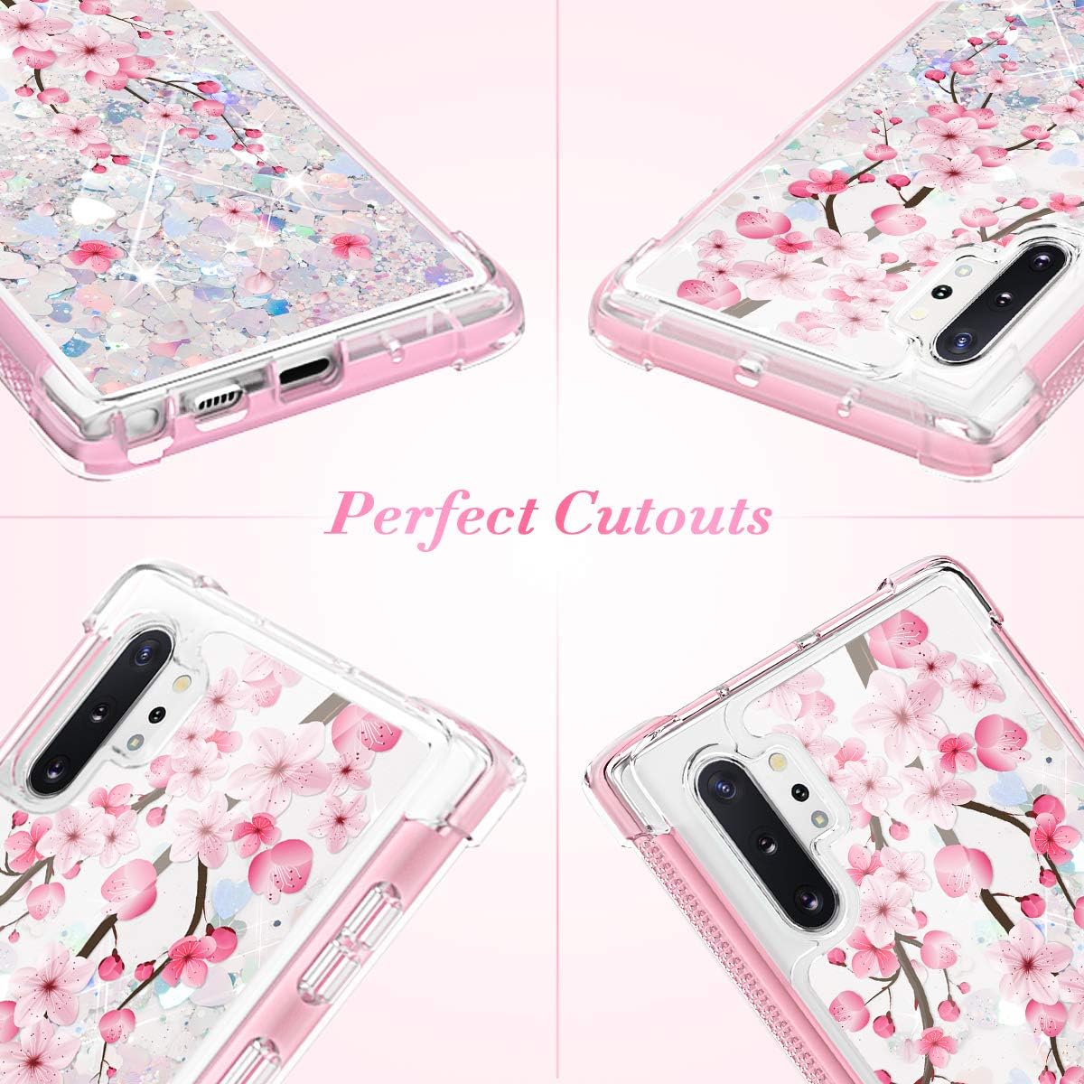 Caka Glitter Case for Galaxy Note 10 Plus 5G Case Flower Blossom Girly Girls Women Full Body Protective Bling Shiny Heavy Duty Liquid Flowing Case for Samsung Galaxy Note 10+ Plus 5G (Cherry)