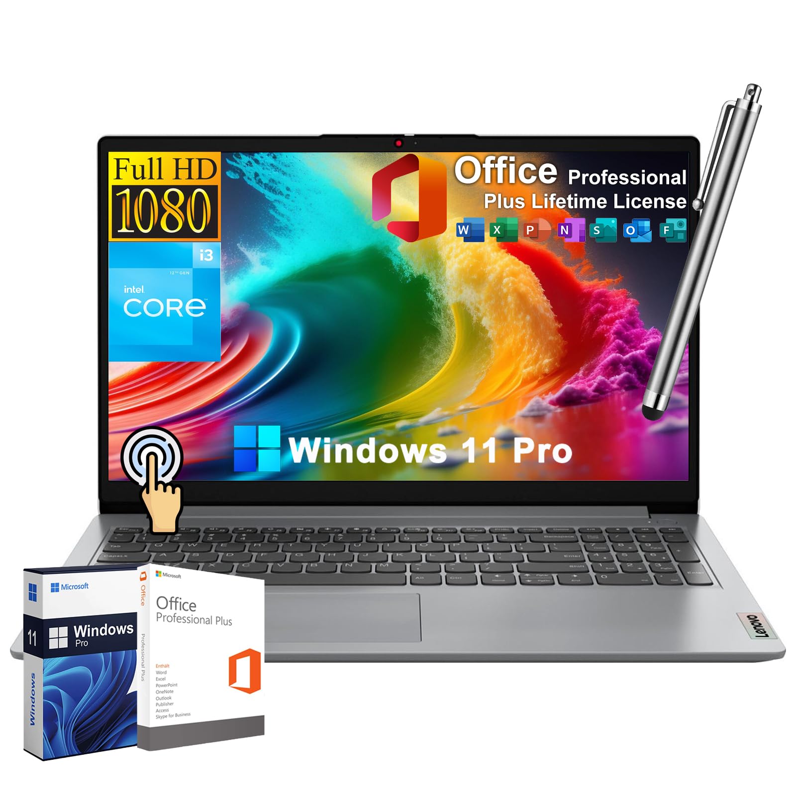 Lenovo IdeaPad 15.6" FHD Touchscreen Laptop for Business & Student, 12th Gen Intel 6-Core i3, 24GB RAM 1TB SSD, Lifetime Office License, Windows 11 Pro, SD Card Reader, Wi-Fi 6, w/Stylus Pen