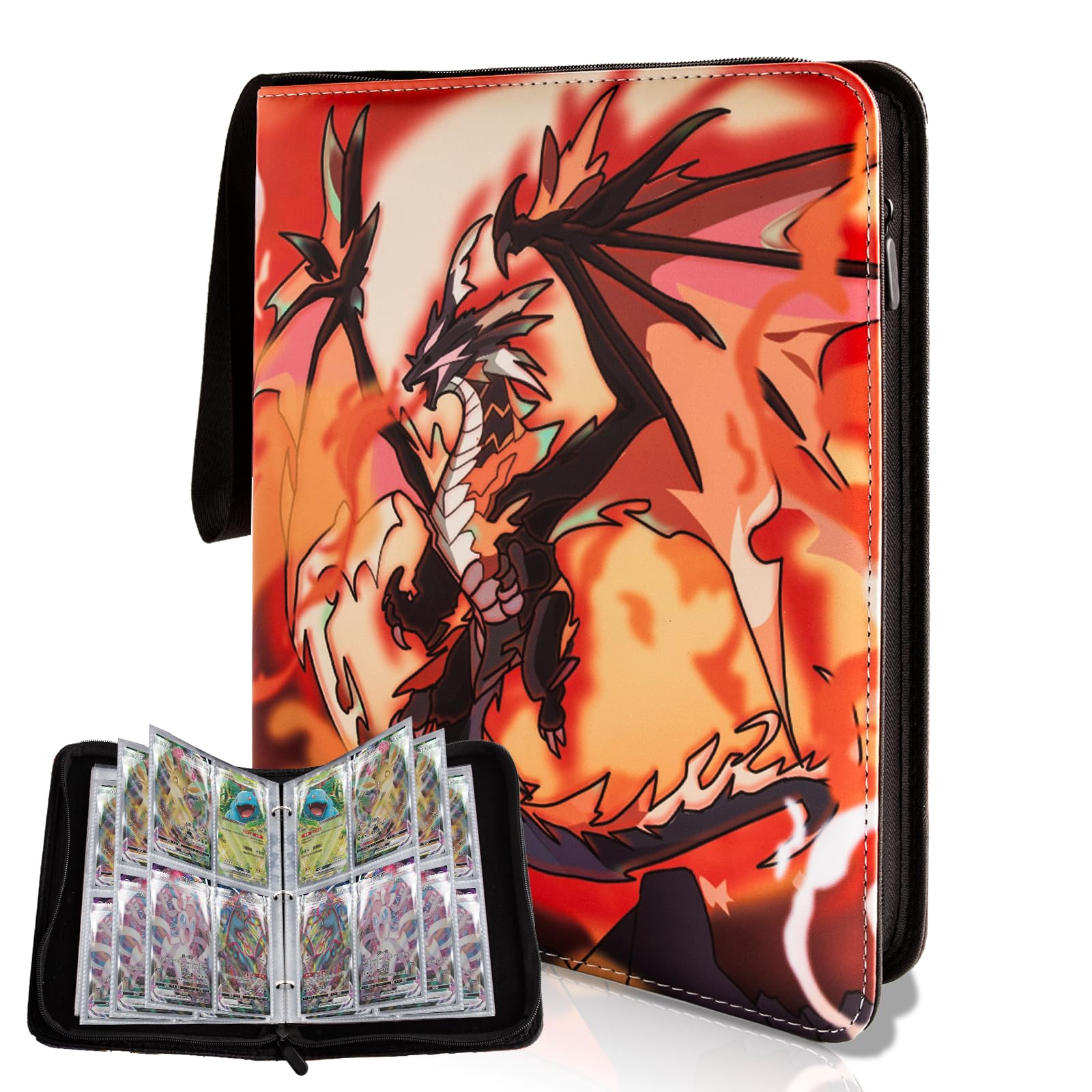 REDORELA Trading-Card-Binder 4 Pockets for Pokemon-Card-Binder Waterproof Album for Cards with Zipper Collectible Holders Sports & Game Cards Folder Portable with Wristband (Bright Orange 400Slots)