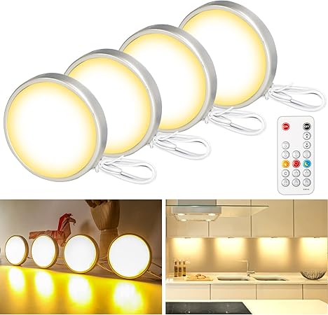 Amazon Wobane キッチン用ライト 電球色 4個セット 連接可能 Ledキャビネットライト リモコン付き 明るさ調整 時間設定 360制御 高演色 棚下ライト 明るい 貼り付けledライト 取付簡単 間接照明 キッチン用 食器棚 フィギュア棚 ショーケース照明 3000k Wobane